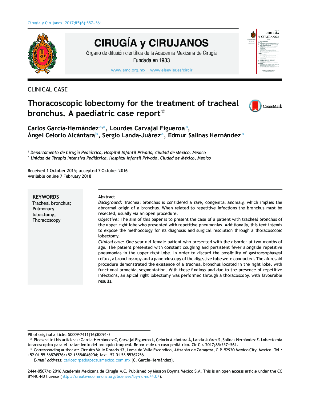 Thoracoscopic lobectomy for the treatment of tracheal bronchus. A paediatric case report