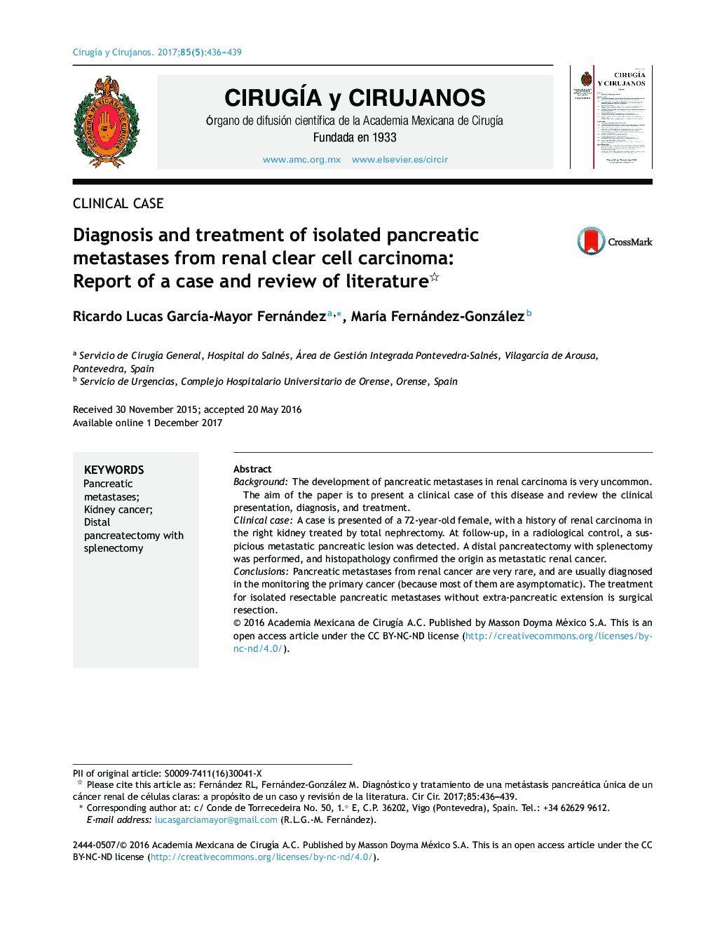 Diagnosis and treatment of isolated pancreatic metastases from renal clear cell carcinoma: Report of a case and review of literature