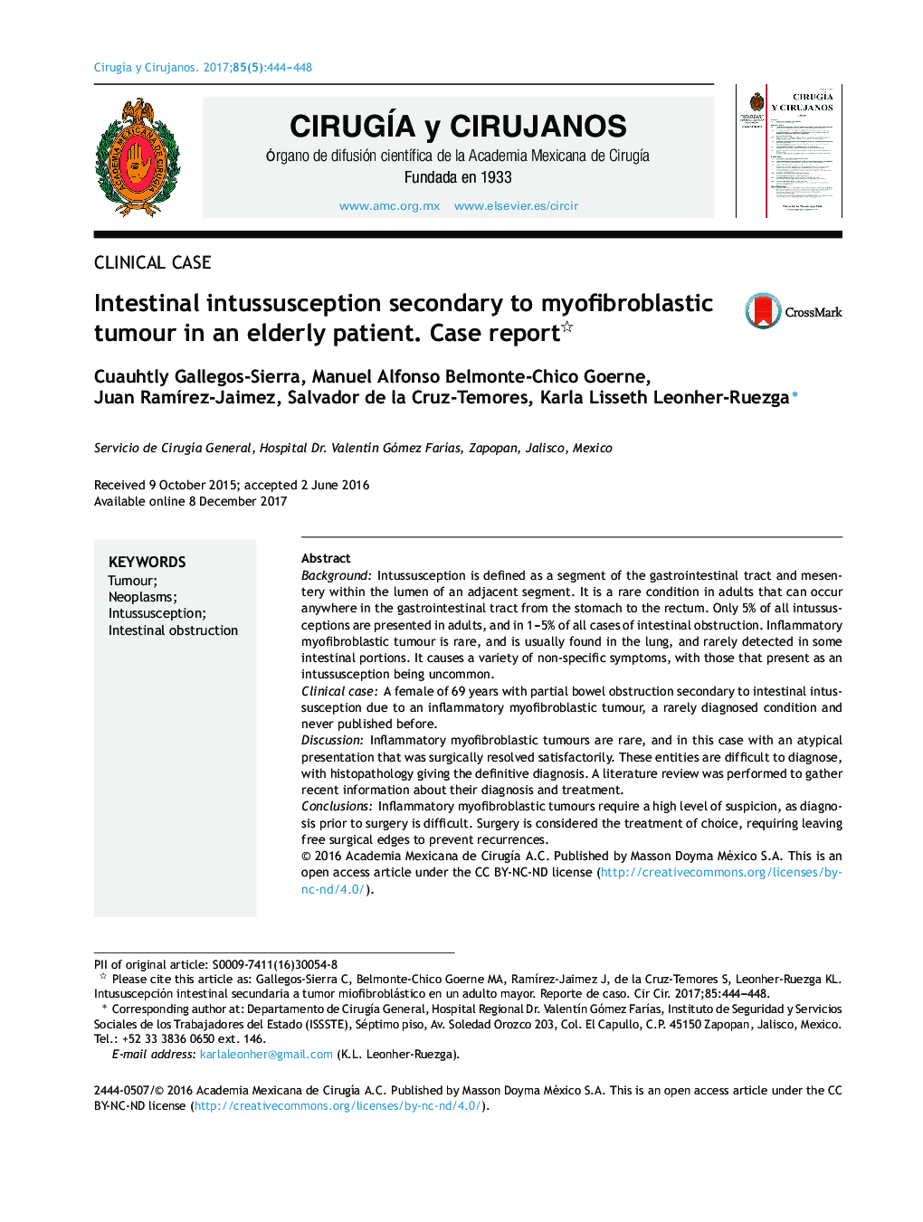 Intestinal intussusception secondary to myofibroblastic tumour in an elderly patient. Case report