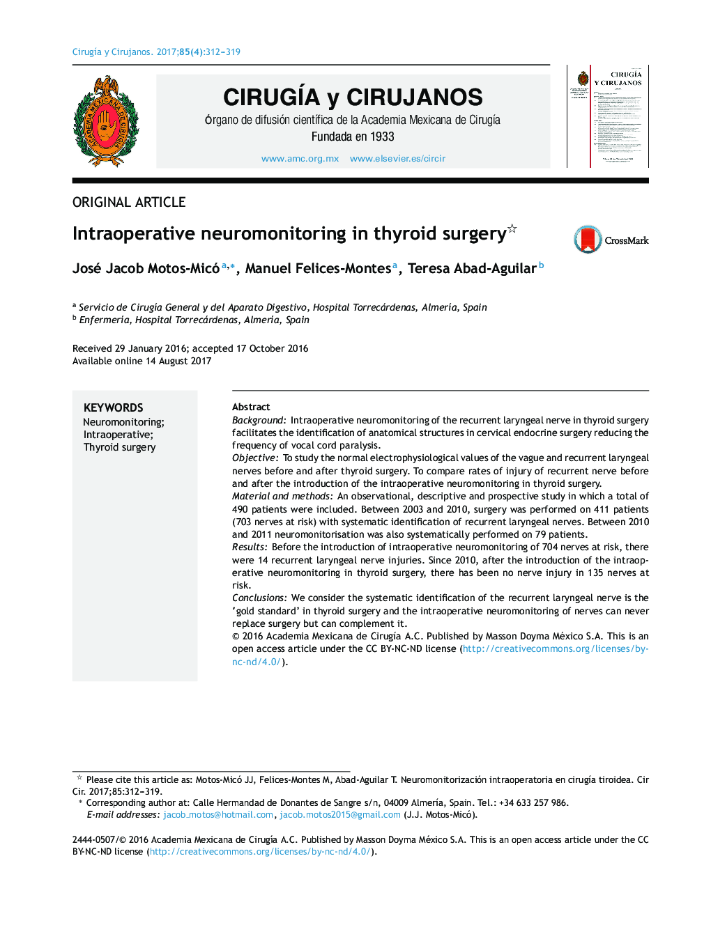 Intraoperative neuromonitoring in thyroid surgery