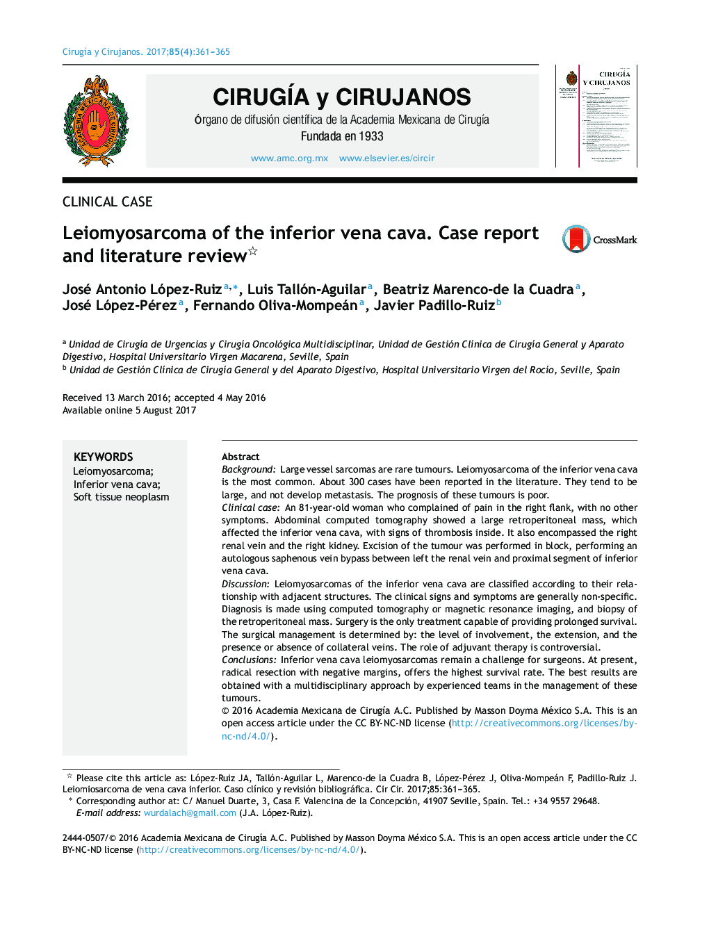 Leiomyosarcoma of the inferior vena cava. Case report and literature review