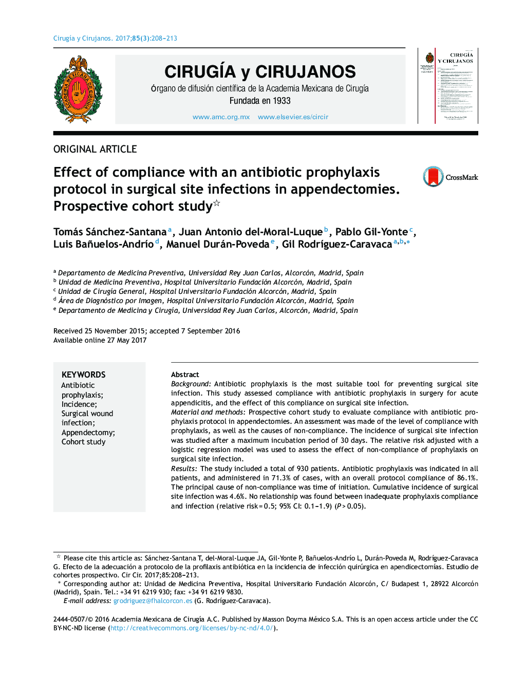 Effect of compliance with an antibiotic prophylaxis protocol in surgical site infections in appendectomies. Prospective cohort study
