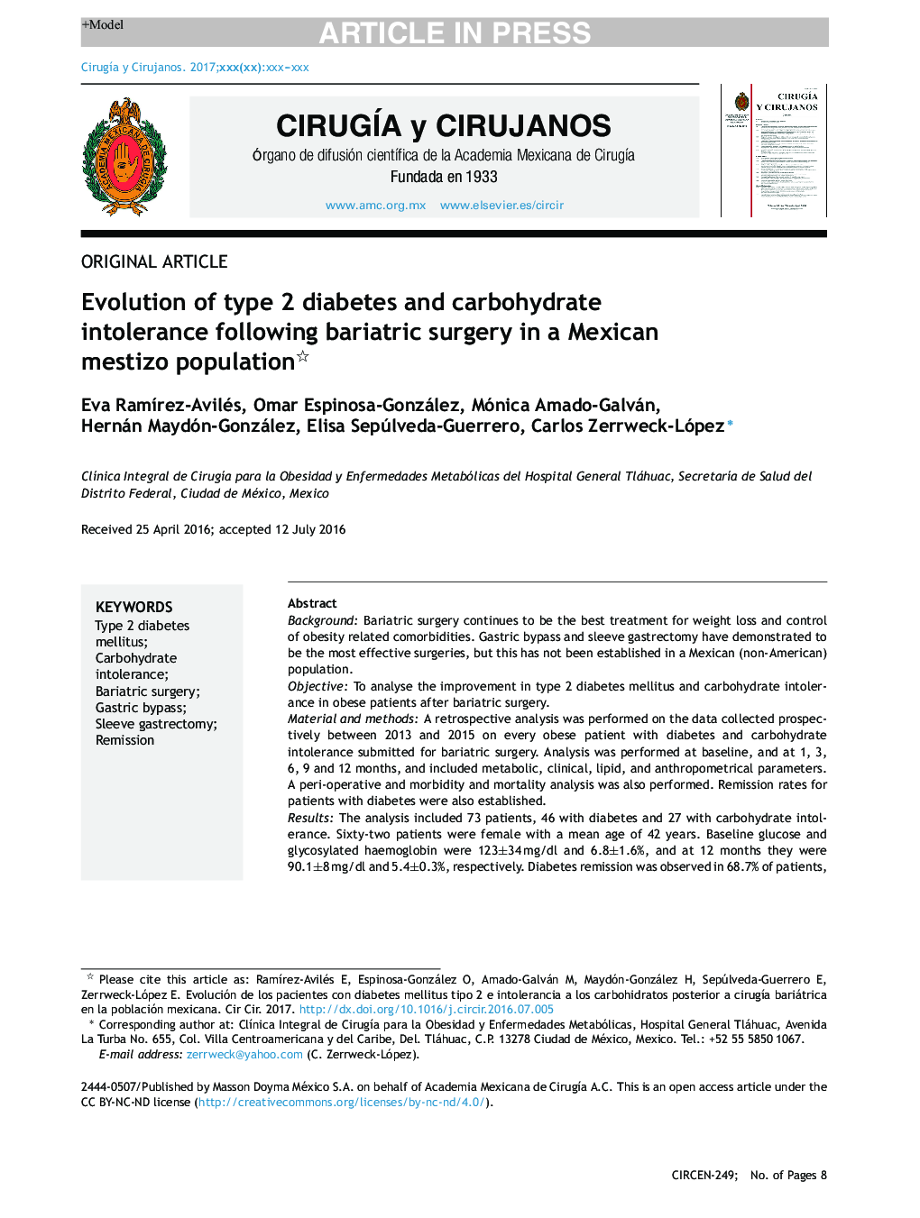 Evolution of type 2 diabetes and carbohydrate intolerance following bariatric surgery in a Mexican mestizo population