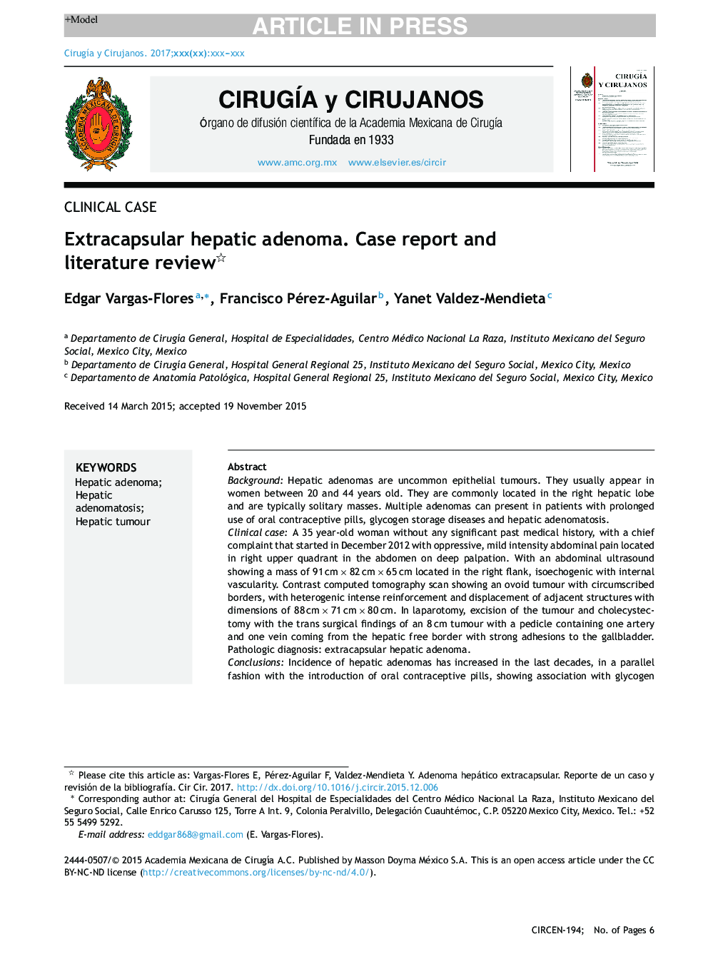 Extracapsular hepatic adenoma. Case report and literature review