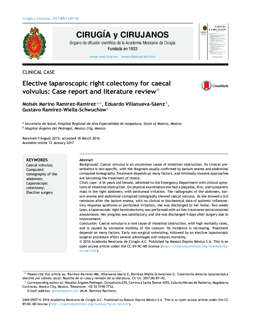 Elective laparoscopic right colectomy for caecal volvulus: Case report and literature review