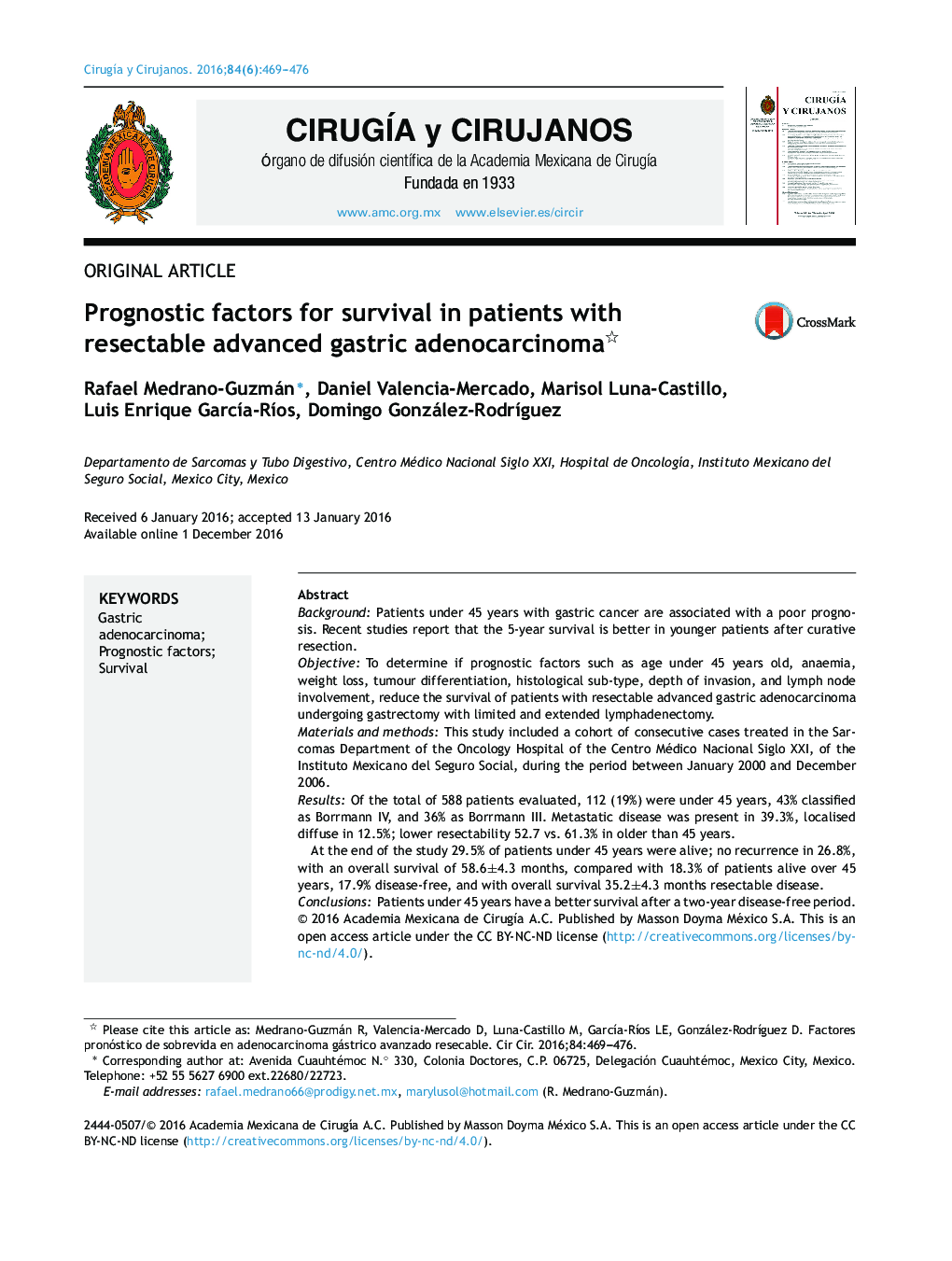 Prognostic factors for survival in patients with resectable advanced gastric adenocarcinoma