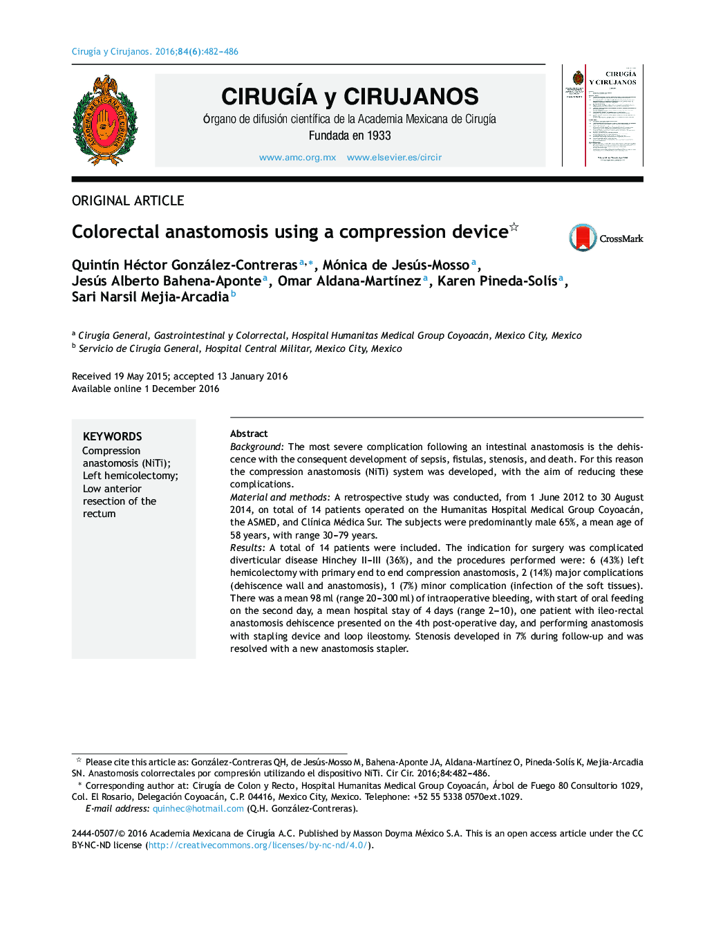 Colorectal anastomosis using a compression device