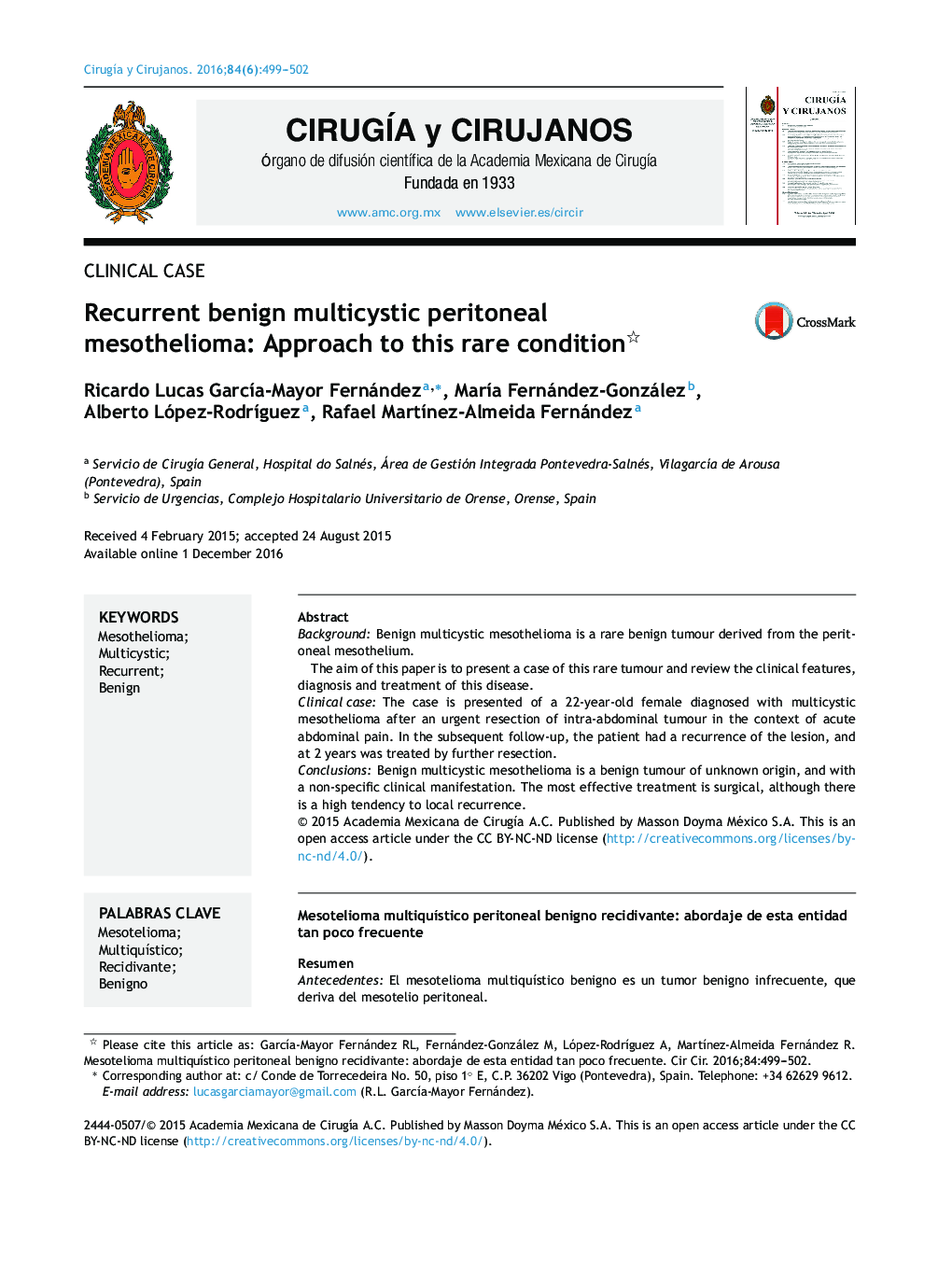 Recurrent benign multicystic peritoneal mesothelioma: Approach to this rare condition