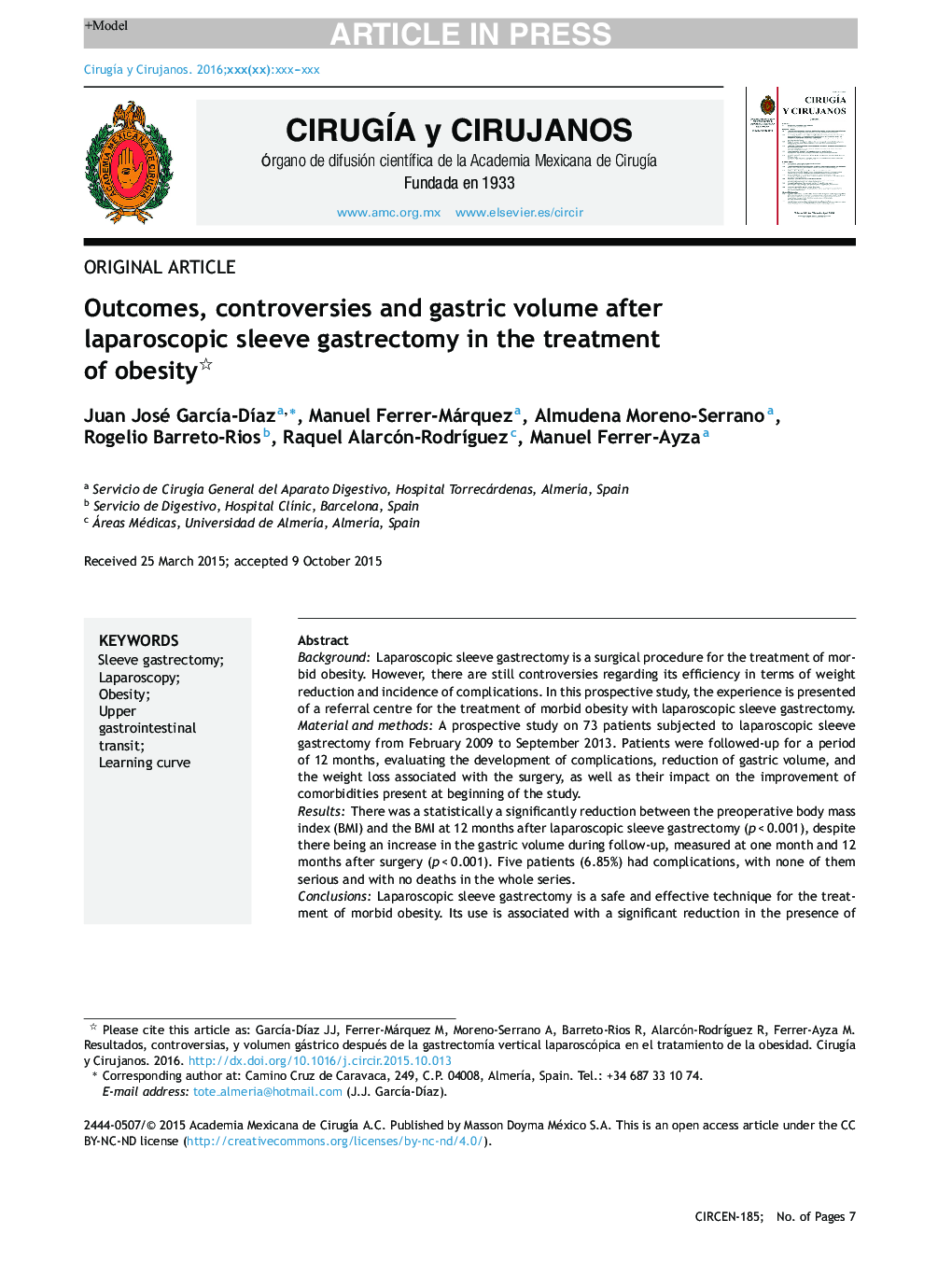 Outcomes, controversies and gastric volume after laparoscopic sleeve gastrectomy in the treatment of obesity