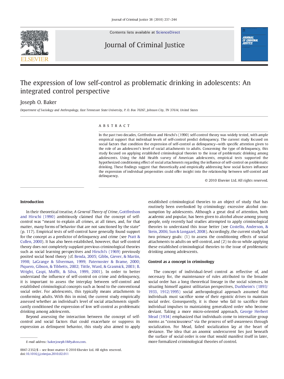 The expression of low self-control as problematic drinking in adolescents: An integrated control perspective