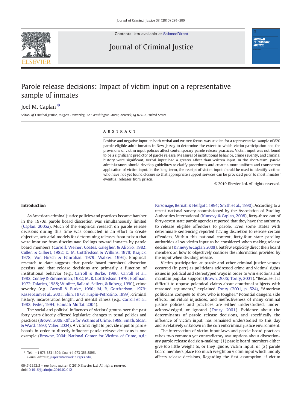 Parole release decisions: Impact of victim input on a representative sample of inmates