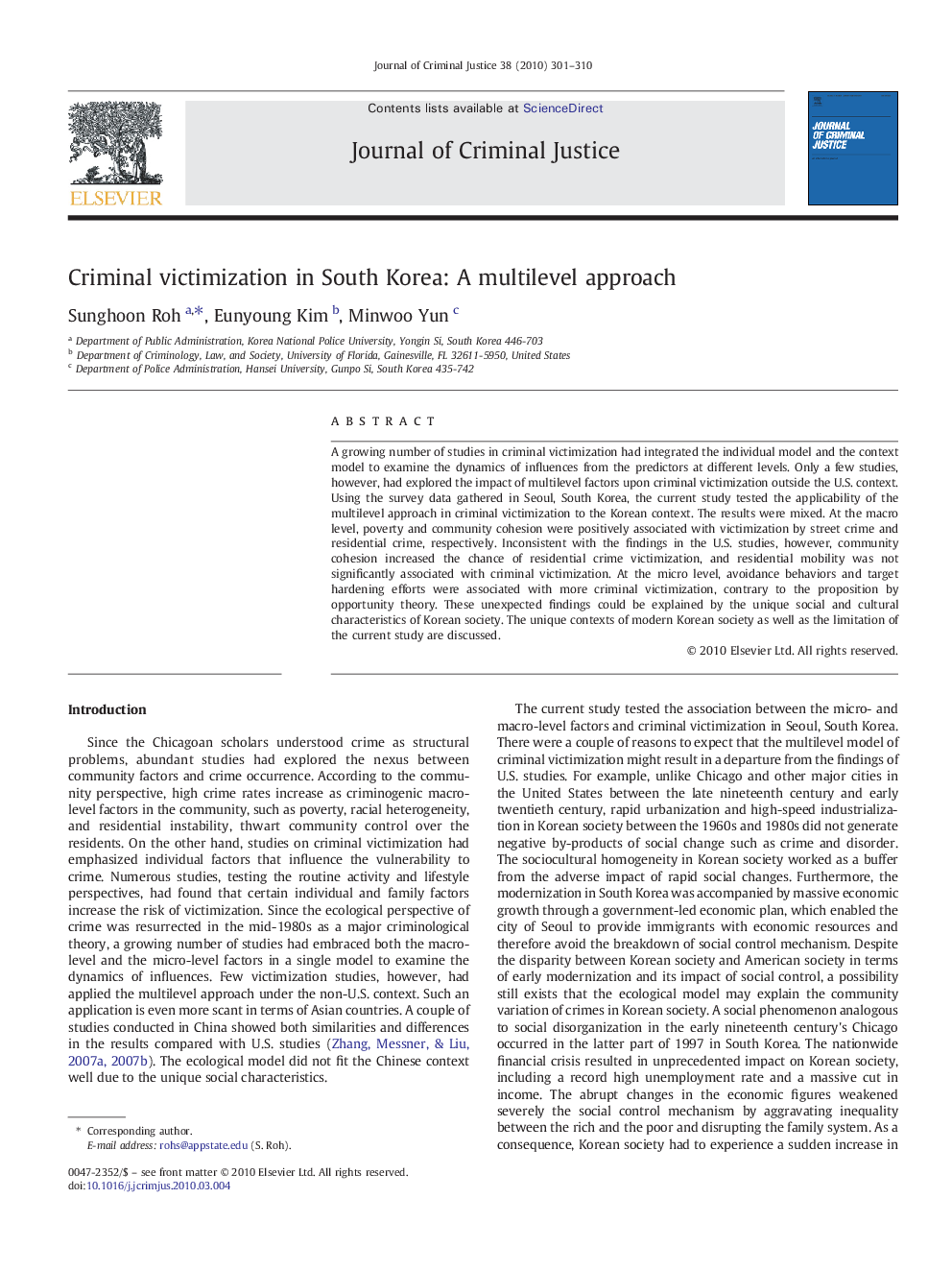 Criminal victimization in South Korea: A multilevel approach