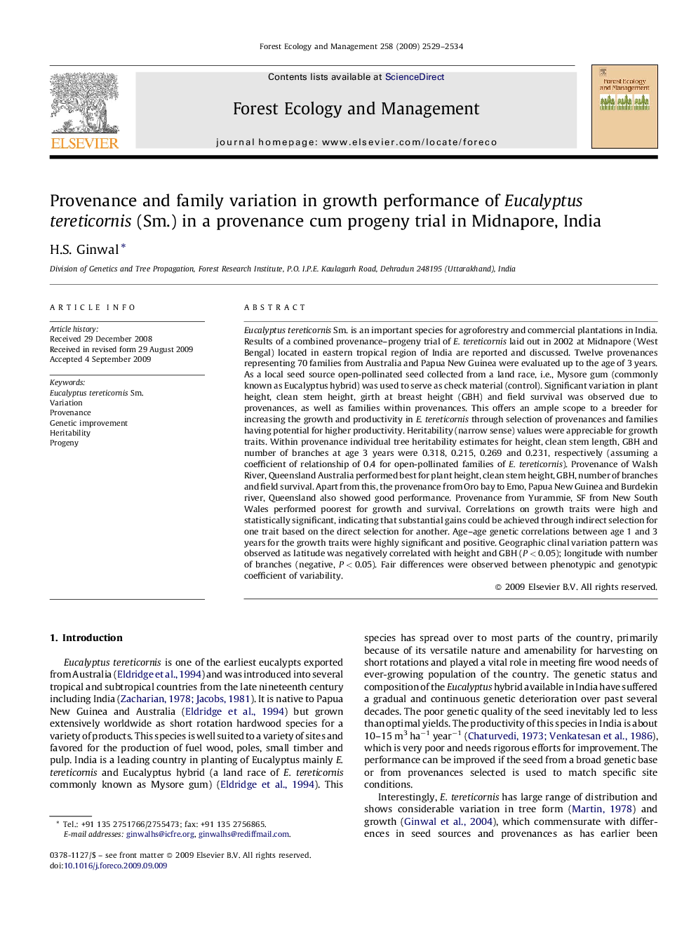 Provenance and family variation in growth performance of Eucalyptus tereticornis (Sm.) in a provenance cum progeny trial in Midnapore, India