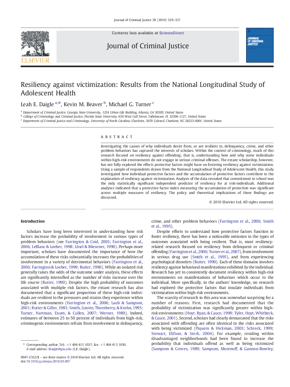 Resiliency against victimization: Results from the National Longitudinal Study of Adolescent Health