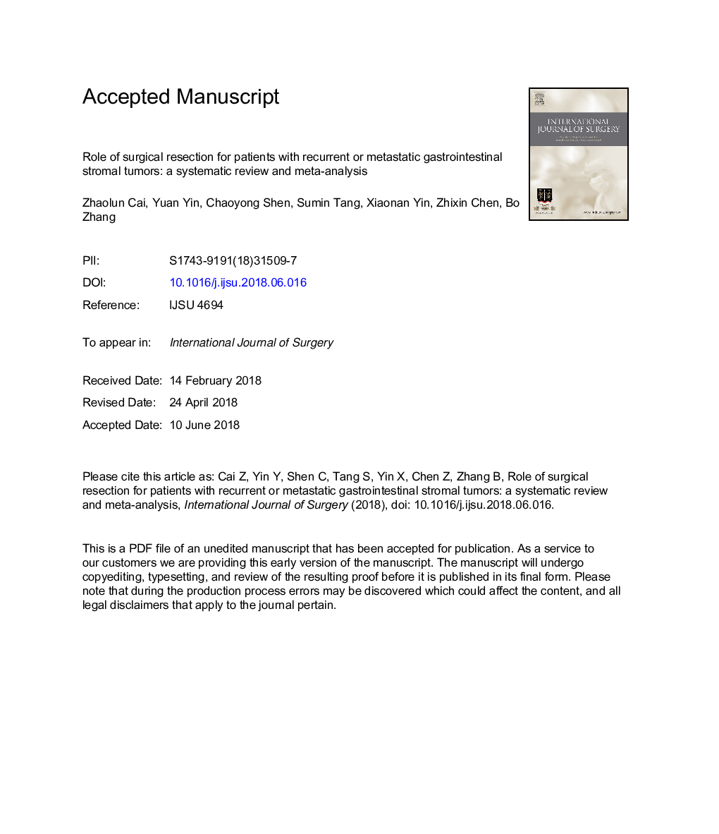 Role of surgical resection for patients with recurrent or metastatic gastrointestinal stromal tumors: A systematic review and meta-analysis