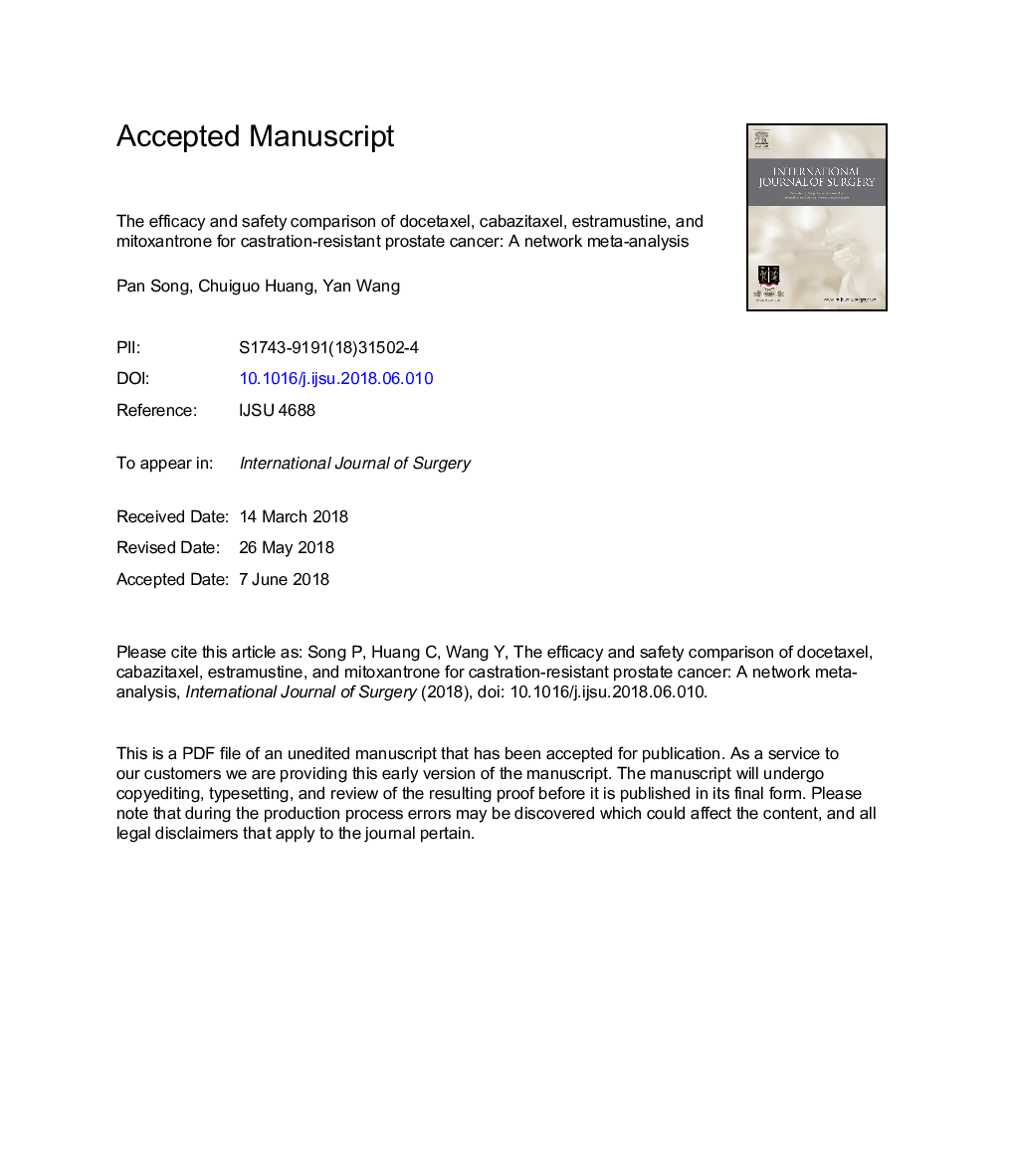 The efficacy and safety comparison of docetaxel, cabazitaxel, estramustine, and mitoxantrone for castration-resistant prostate cancer: A network meta-analysis