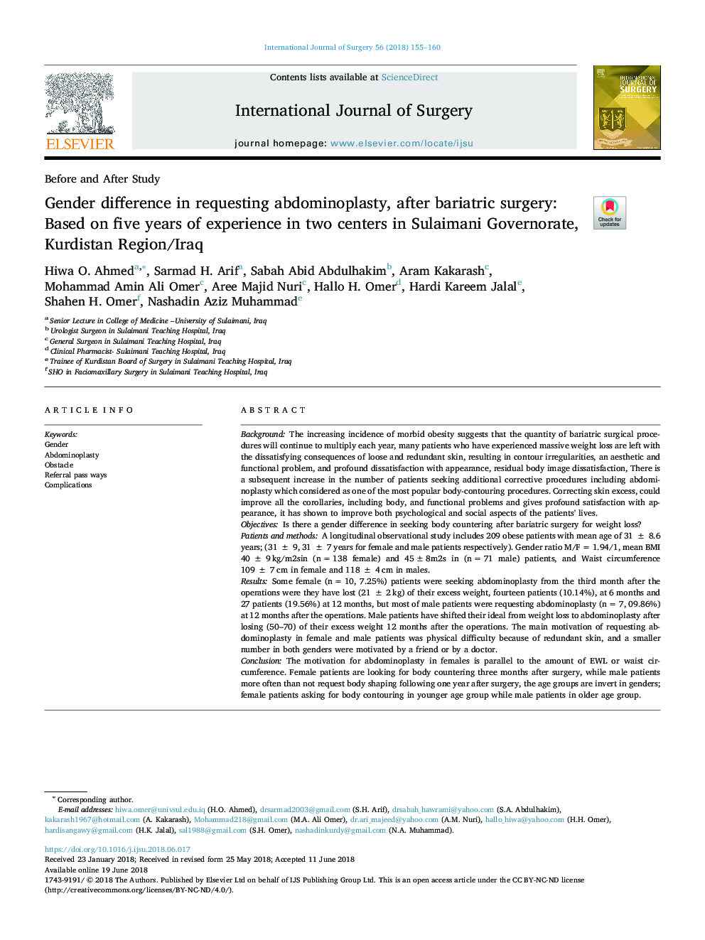 Gender difference in requesting abdominoplasty, after bariatric surgery: Based on five years of experience in two centers in Sulaimani Governorate, Kurdistan Region/Iraq