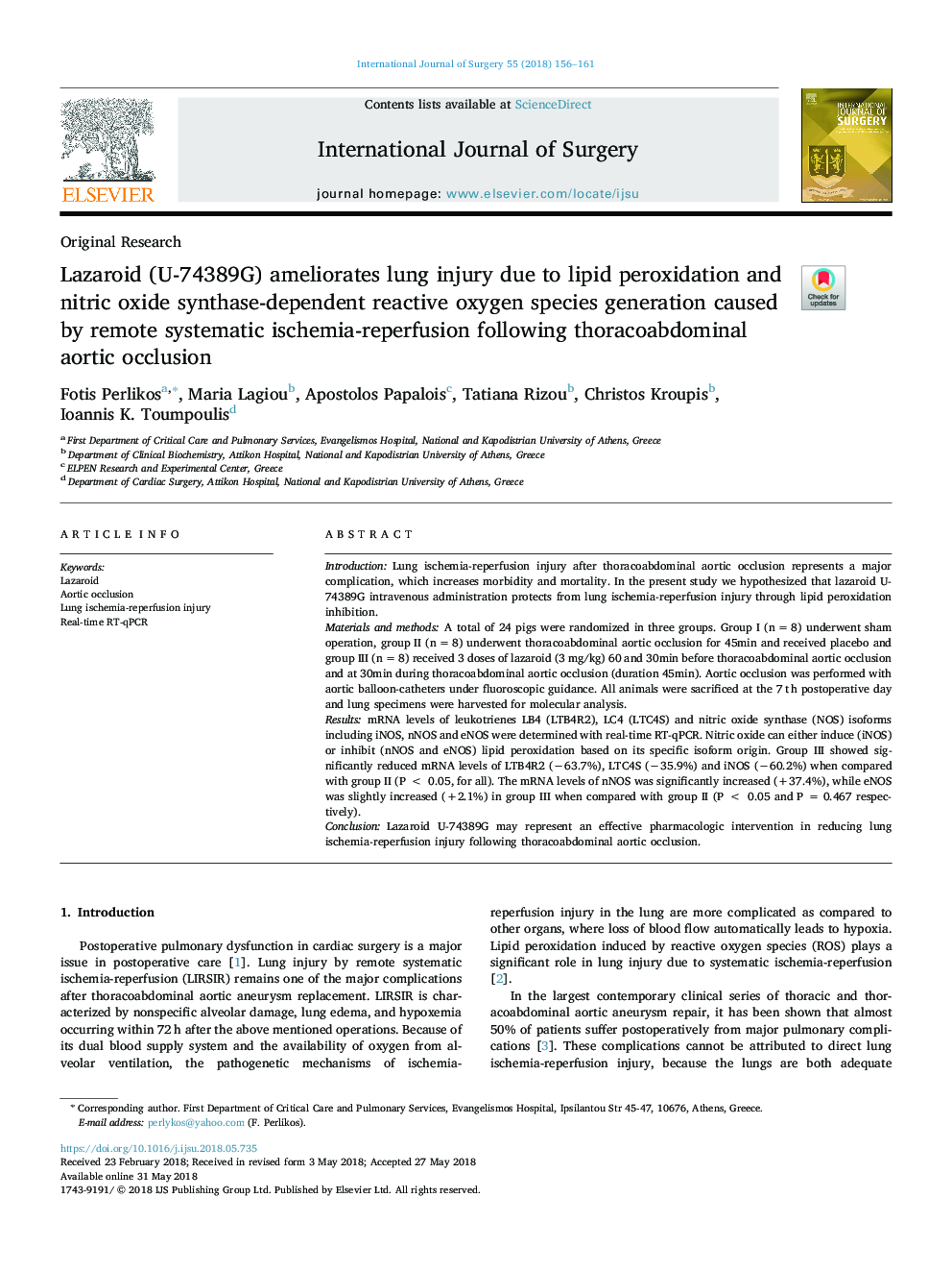 Lazaroid (U-74389G) ameliorates lung injury due to lipid peroxidation and nitric oxide synthase-dependent reactive oxygen species generation caused by remote systematic ischemia-reperfusion following thoracoabdominal aortic occlusion