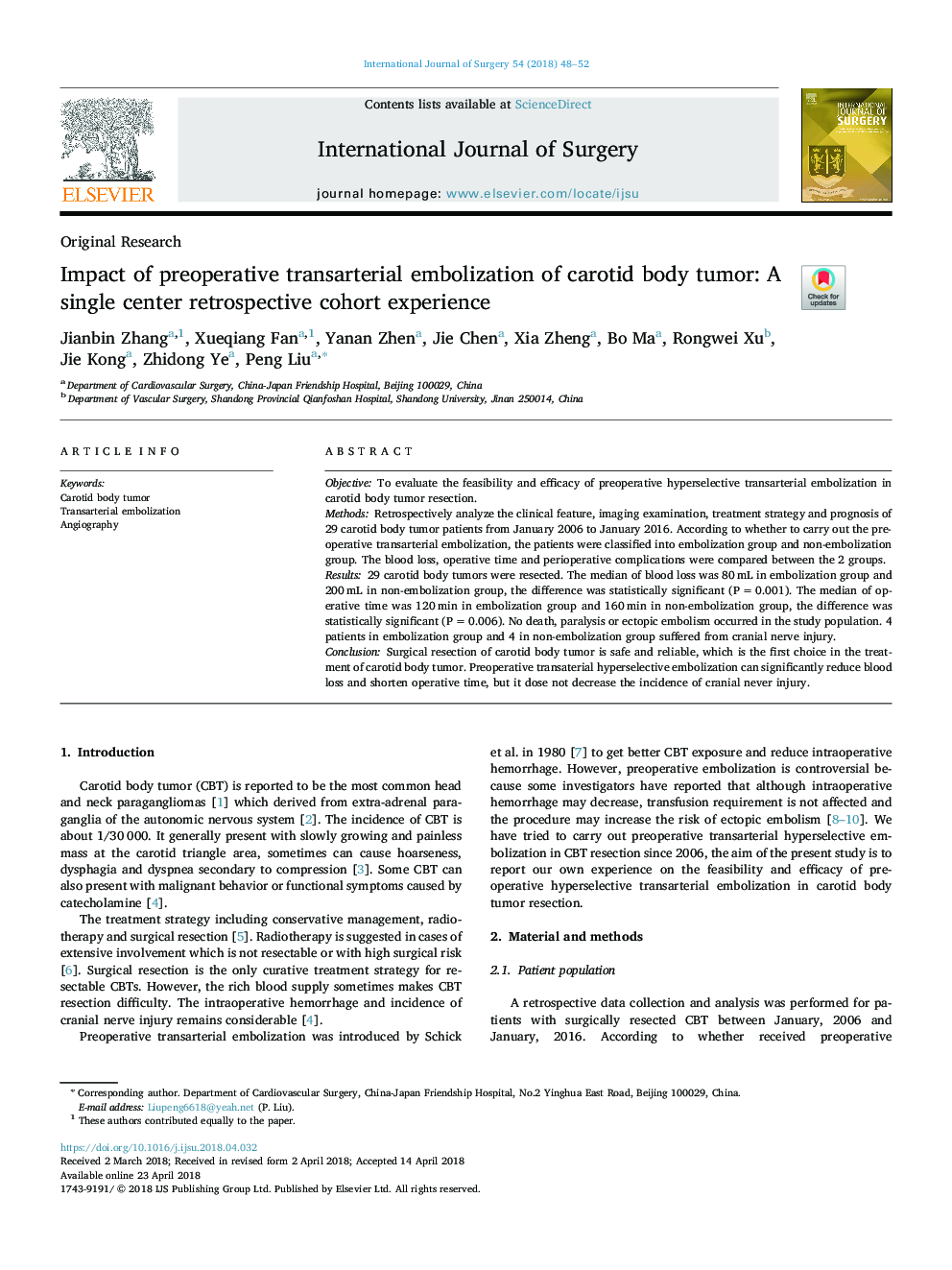 Impact of preoperative transarterial embolization of carotid body tumor: A single center retrospective cohort experience