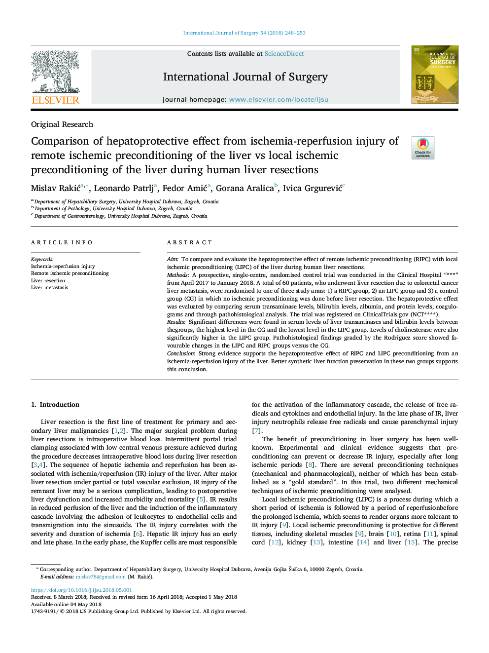 Comparison of hepatoprotective effect from ischemia-reperfusion injury of remote ischemic preconditioning of the liver vs local ischemic preconditioning of the liver during human liver resections