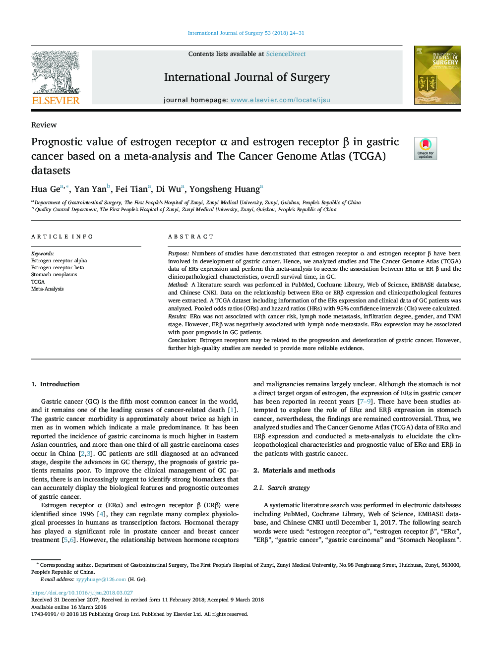 Prognostic value of estrogen receptor Î± and estrogen receptor Î² in gastric cancer based on a meta-analysis and The Cancer Genome Atlas (TCGA) datasets