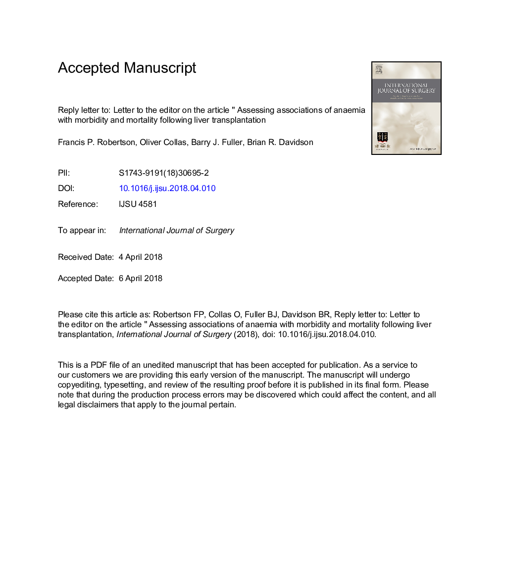Reply letter to: Letter to the editor on the article “Assessing associations of anaemia with morbidity and mortality following liver transplantation”