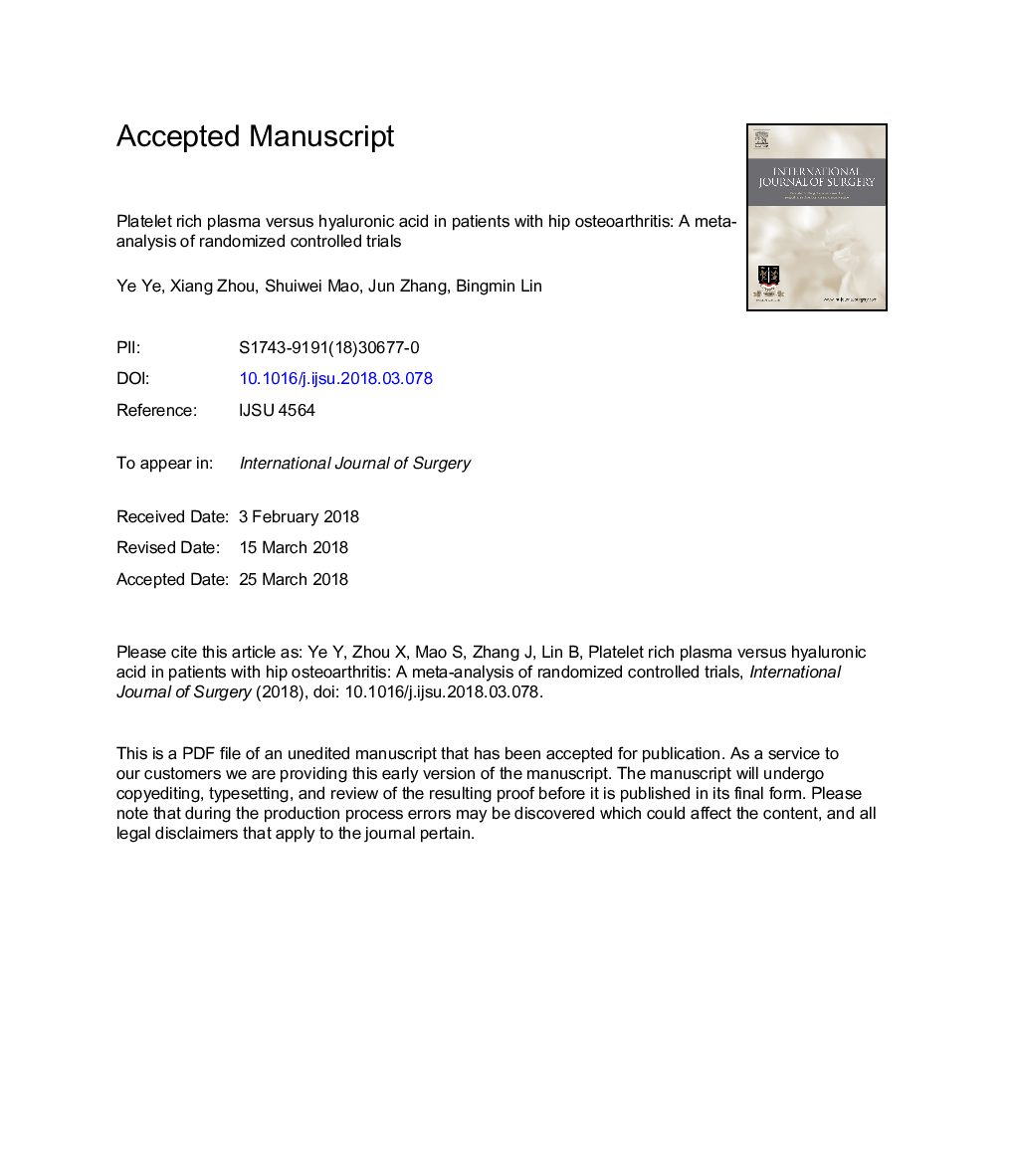 Platelet rich plasma versus hyaluronic acid in patients with hip osteoarthritis: A meta-analysis of randomized controlled trials