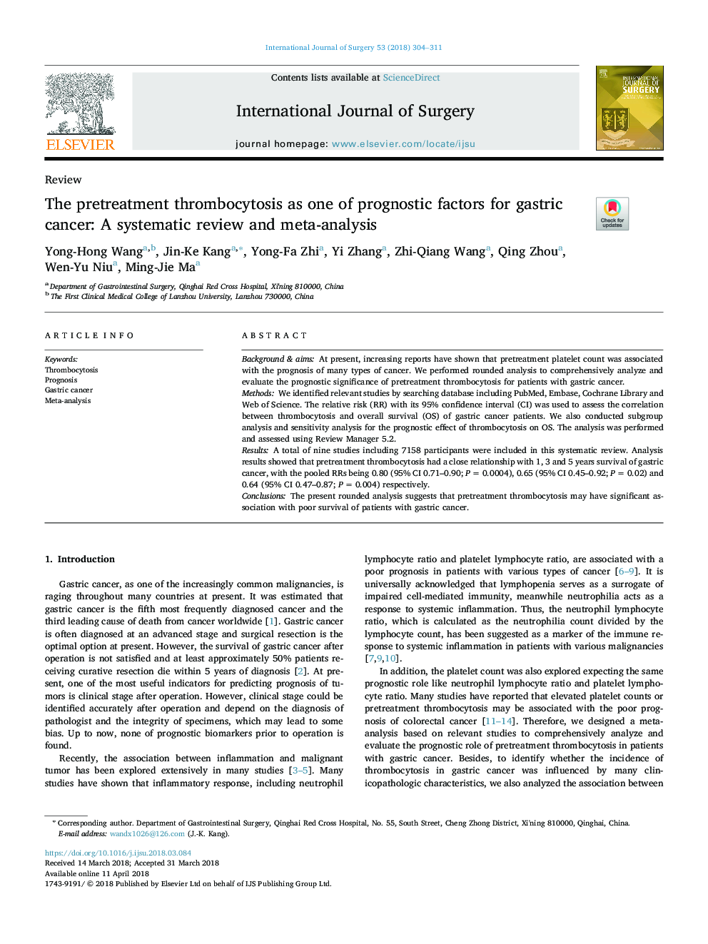 The pretreatment thrombocytosis as one of prognostic factors for gastric cancer: A systematic review and meta-analysis