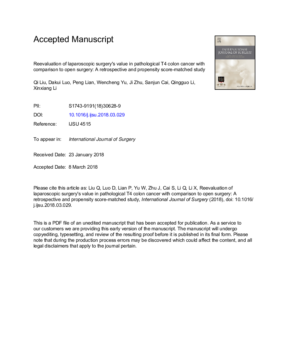 عکس صفحه اول مقاله: Reevaluation of laparoscopic surgery's value in pathological T4 colon cancer with comparison to open surgery: A retrospective and propensity score-matched study Reevaluation of laparoscopic surgery's value in pathological T4 colon cancer with comparison to open surgery: A retrospective and propensity score-matched study