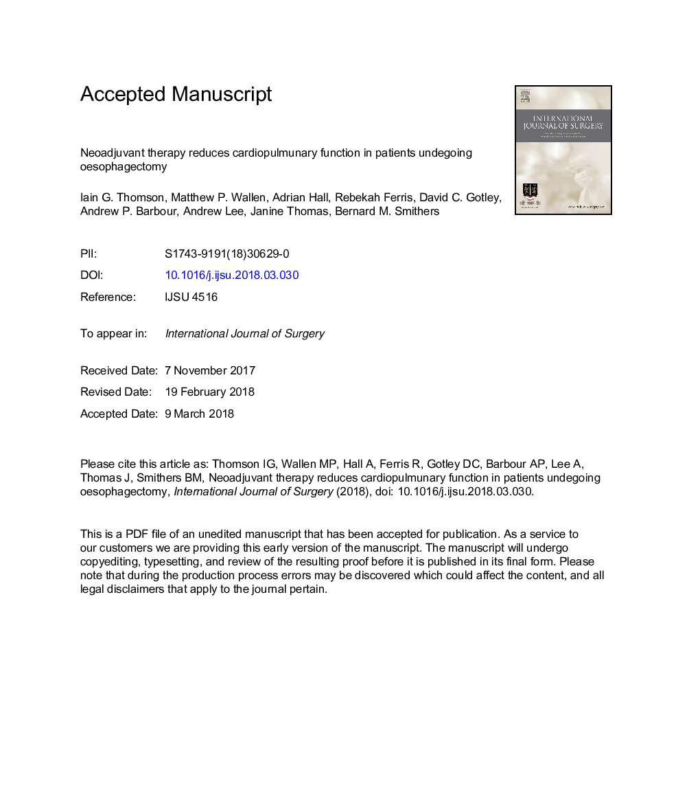 Neoadjuvant therapy reduces cardiopulmunary function in patients undegoing oesophagectomy