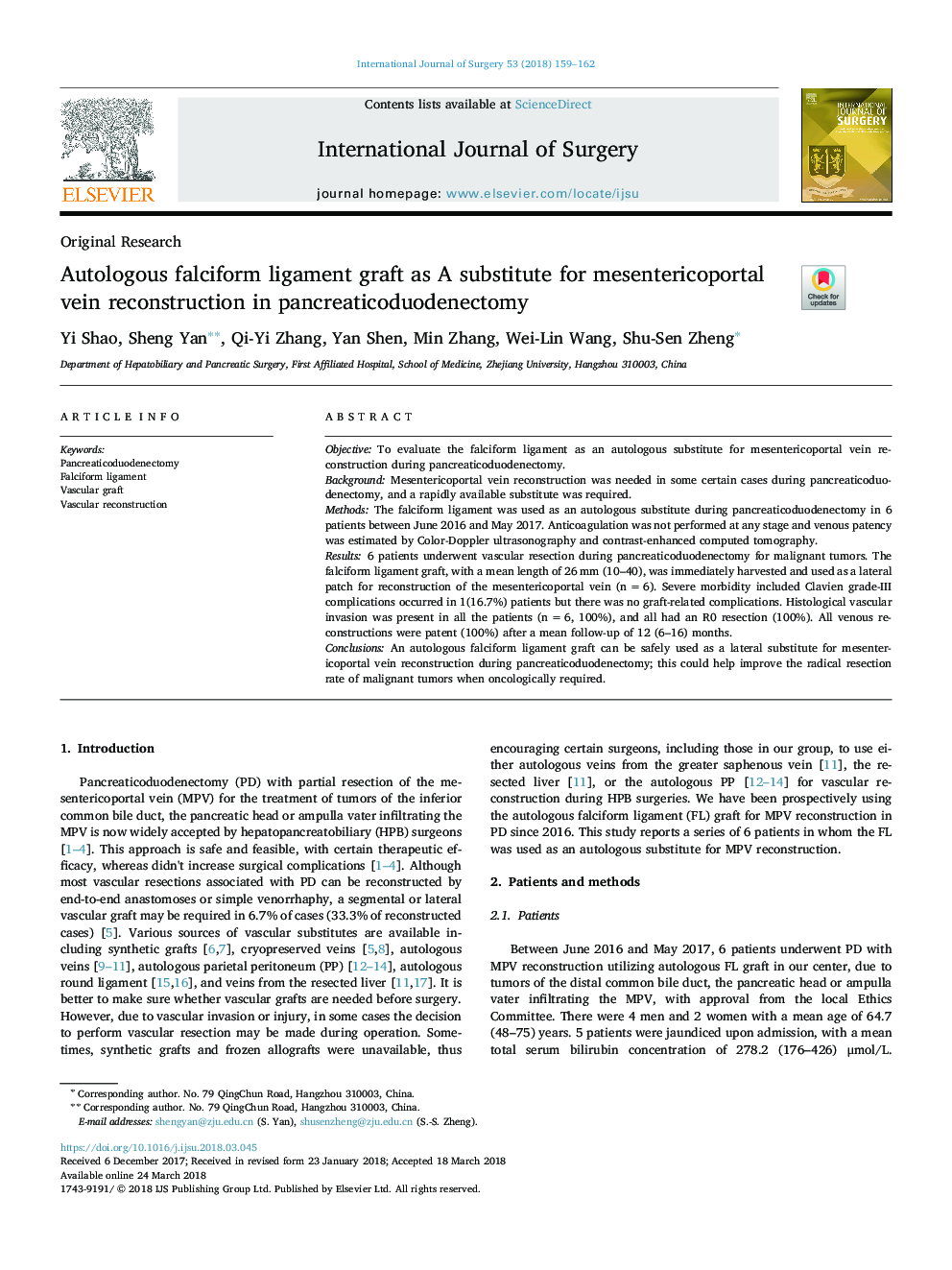 Autologous falciform ligament graft as A substitute for mesentericoportal vein reconstruction in pancreaticoduodenectomy