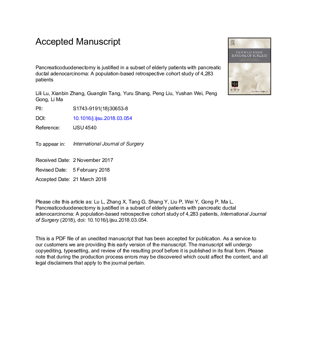 Pancreaticoduodenectomy is justified in a subset of elderly patients with pancreatic ductal adenocarcinoma: A population-based retrospective cohort study of 4,283 patients