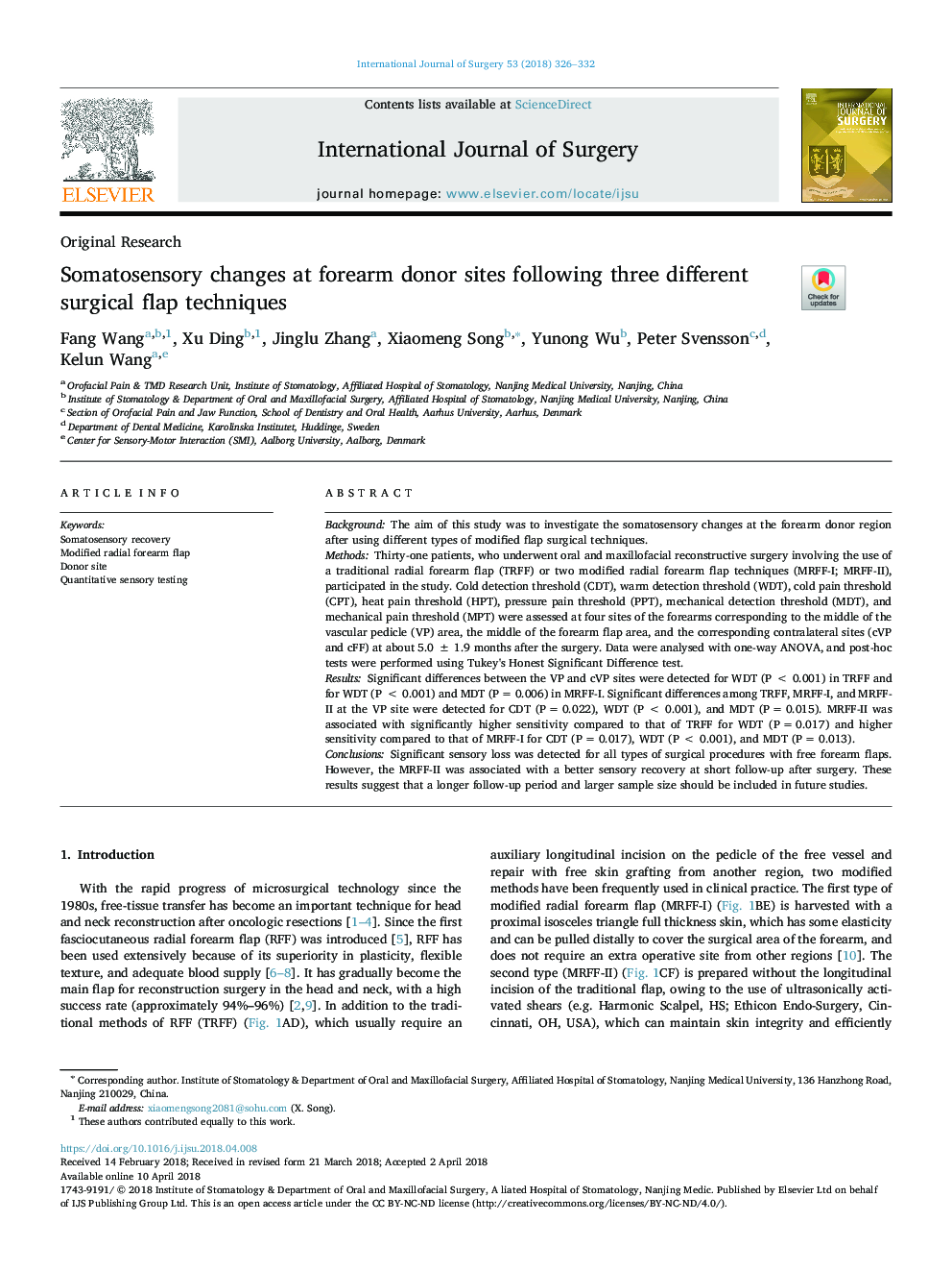 Somatosensory changes at forearm donor sites following three different surgical flap techniques