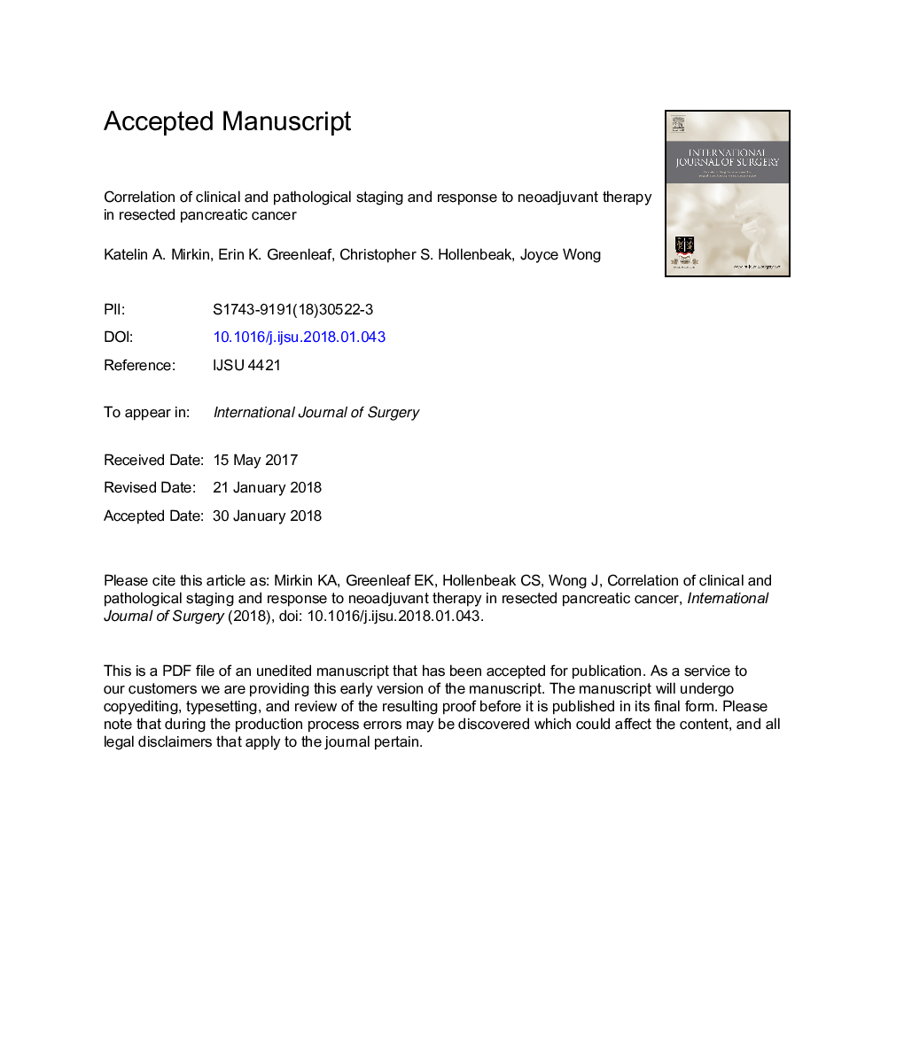 Correlation of clinical and pathological staging and response to neoadjuvant therapy in resected pancreatic cancer