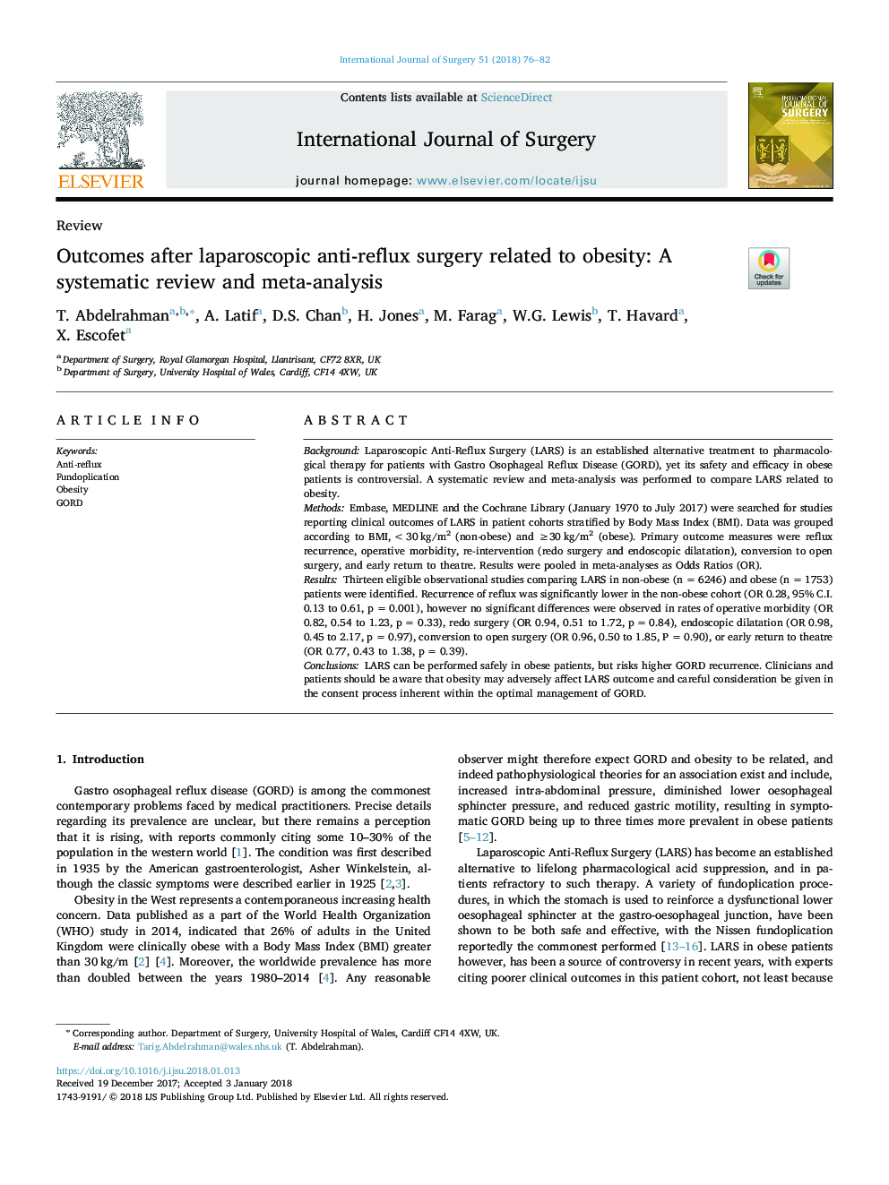 Outcomes after laparoscopic anti-reflux surgery related to obesity: A systematic review and meta-analysis