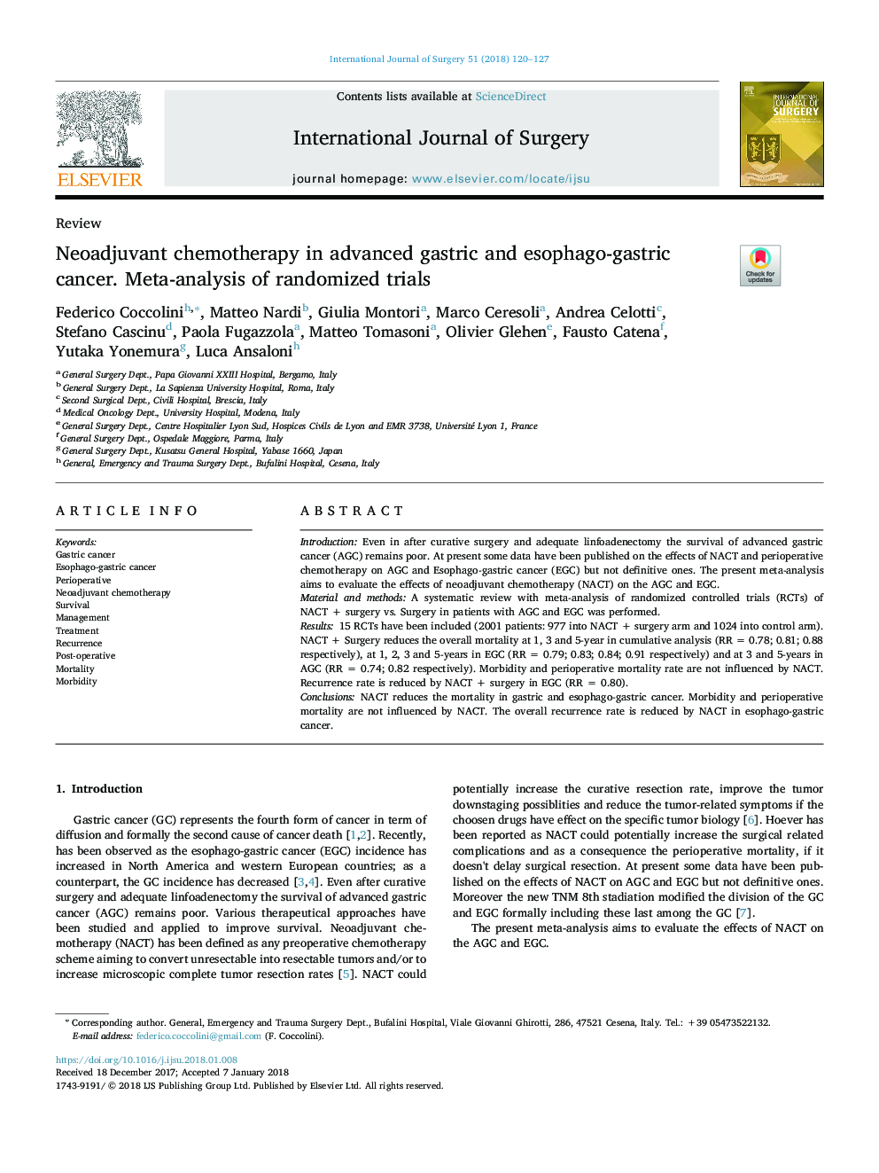 Neoadjuvant chemotherapy in advanced gastric and esophago-gastric cancer. Meta-analysis of randomized trials