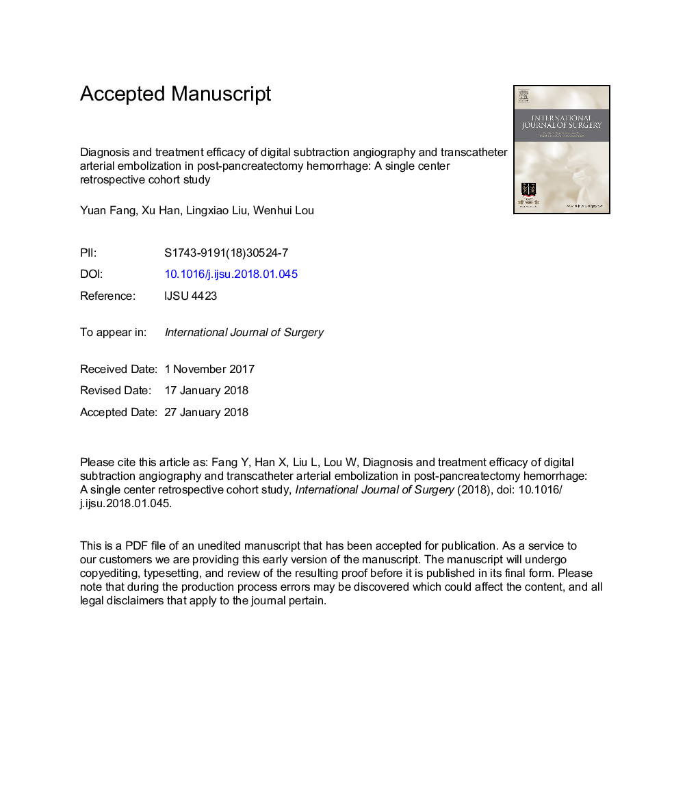 Diagnosis and treatment efficacy of digital subtraction angiography and transcatheter arterial embolization in post-pancreatectomy hemorrhage: A single center retrospective cohort study