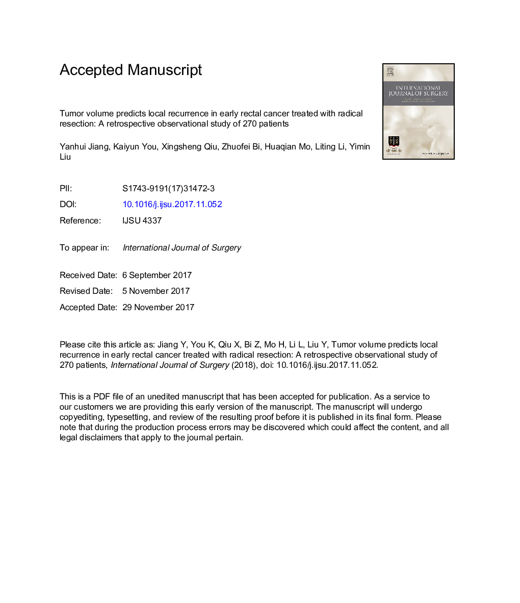 Tumor volume predicts local recurrence in early rectal cancer treated with radical resection: A retrospective observational study of 270 patients