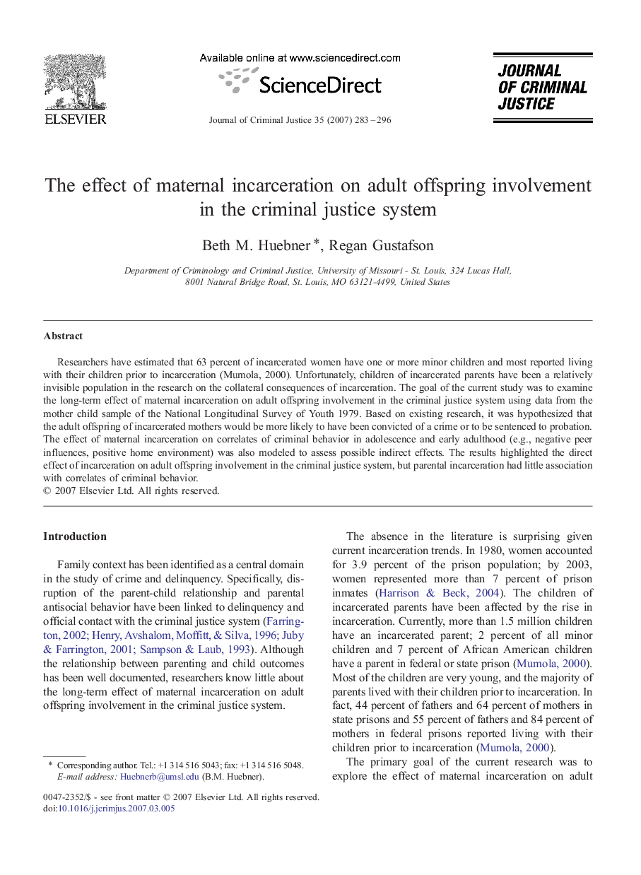 The effect of maternal incarceration on adult offspring involvement in the criminal justice system