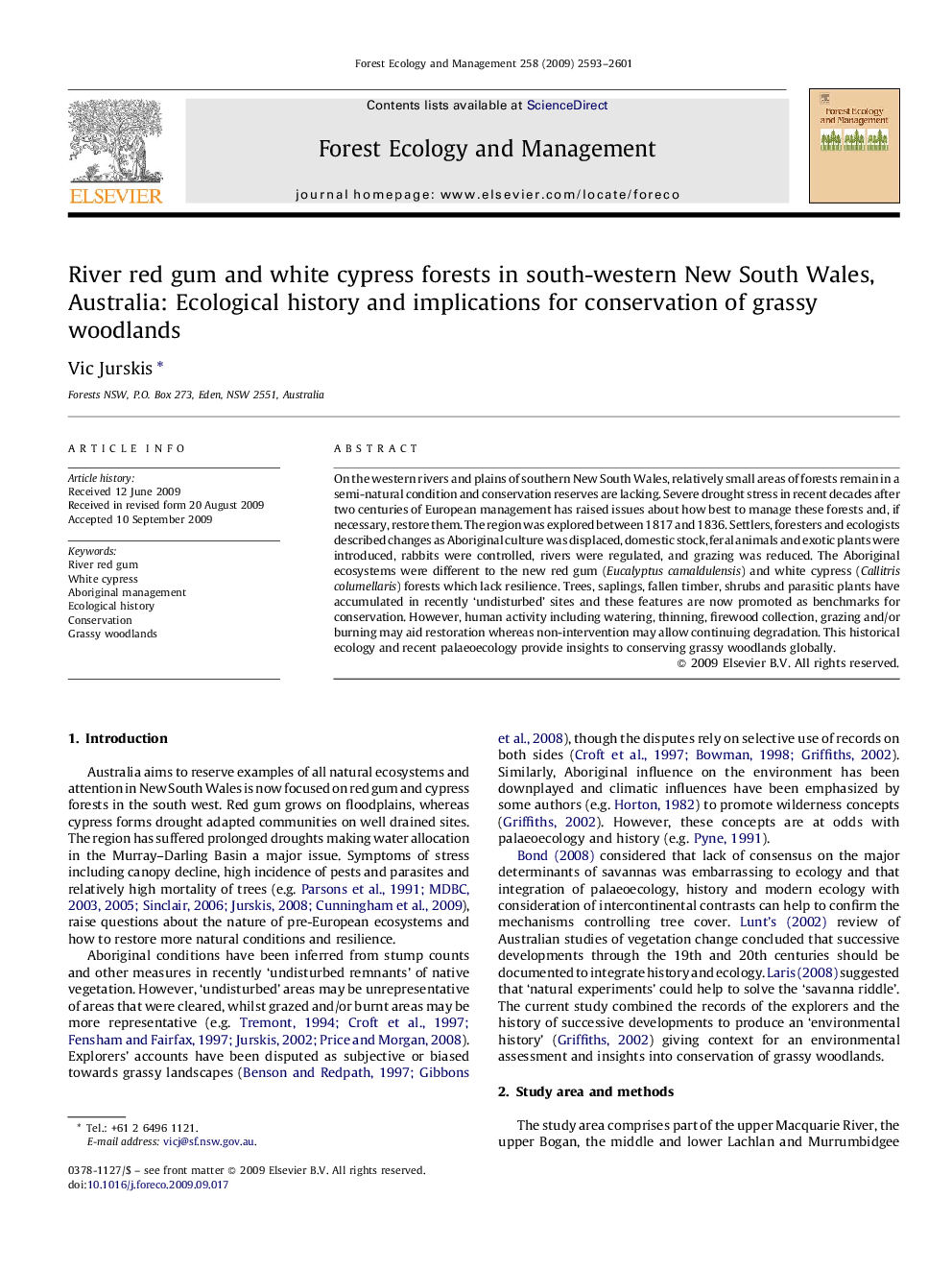 River red gum and white cypress forests in south-western New South Wales, Australia: Ecological history and implications for conservation of grassy woodlands