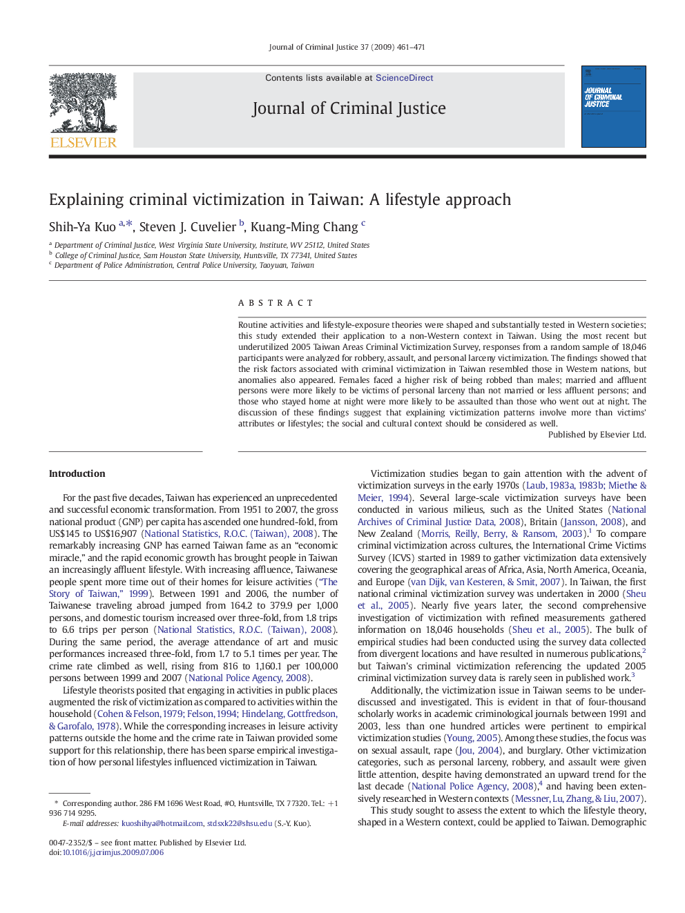 Explaining criminal victimization in Taiwan: A lifestyle approach