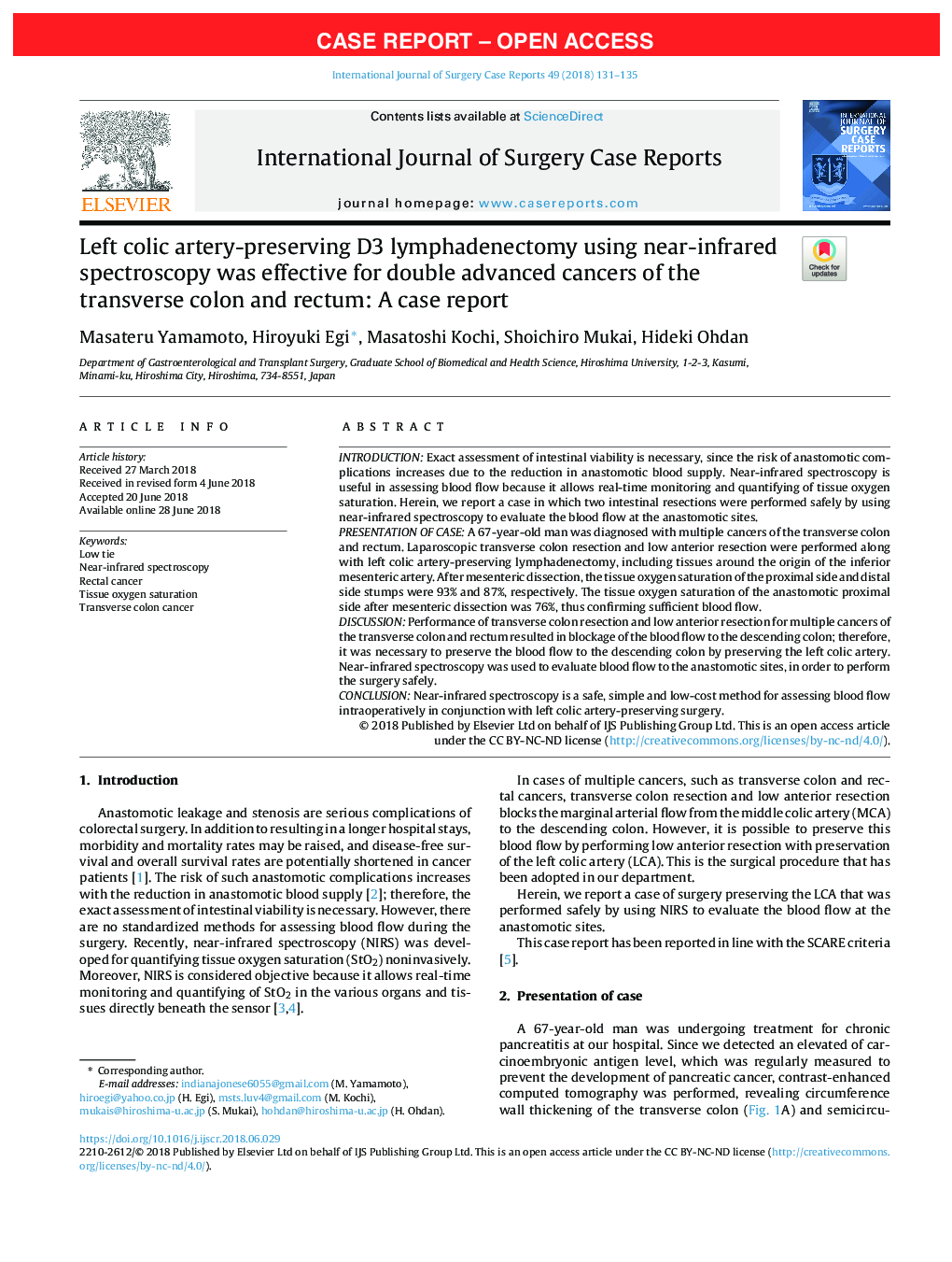 Left colic artery-preserving D3 lymphadenectomy using near-infrared spectroscopy was effective for double advanced cancers of the transverse colon and rectum: A case report