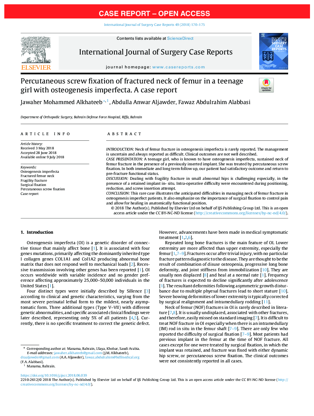 Percutaneous screw fixation of fractured neck of femur in a teenage girl with osteogenesis imperfecta. A case report