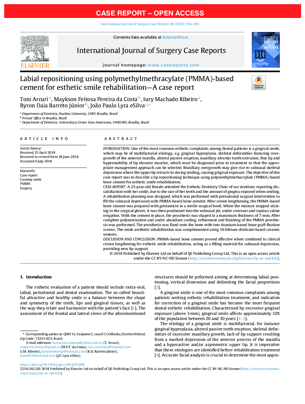 Labial repositioning using polymethylmethracylate (PMMA)-based cement for esthetic smile rehabilitation-A case report