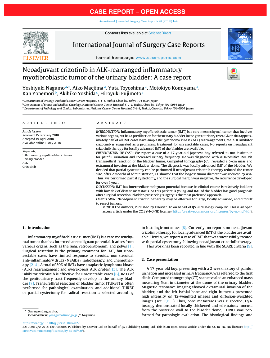 Neoadjuvant crizotinib in ALK-rearranged inflammatory myofibroblastic tumor of the urinary bladder: A case report