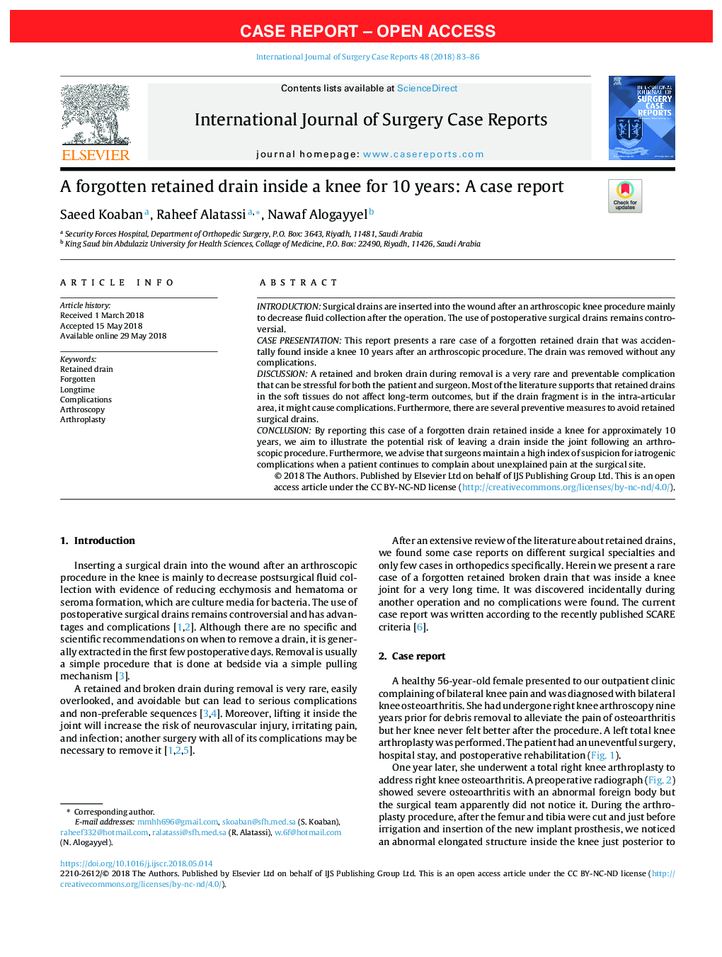 A forgotten retained drain inside a knee for 10 years: A case report