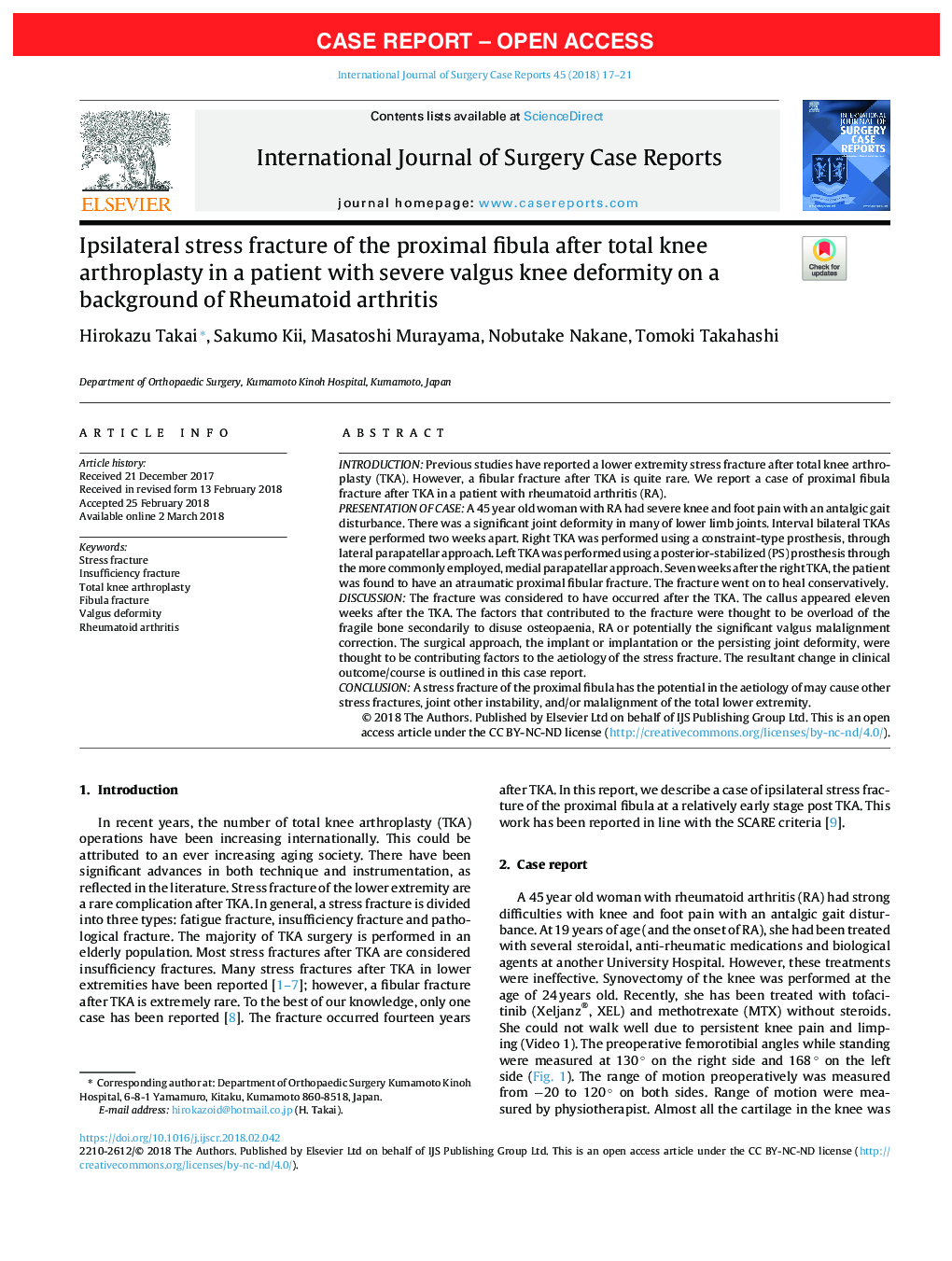 Ipsilateral stress fracture of the proximal fibula after total knee arthroplasty in a patient with severe valgus knee deformity on a background of Rheumatoid arthritis