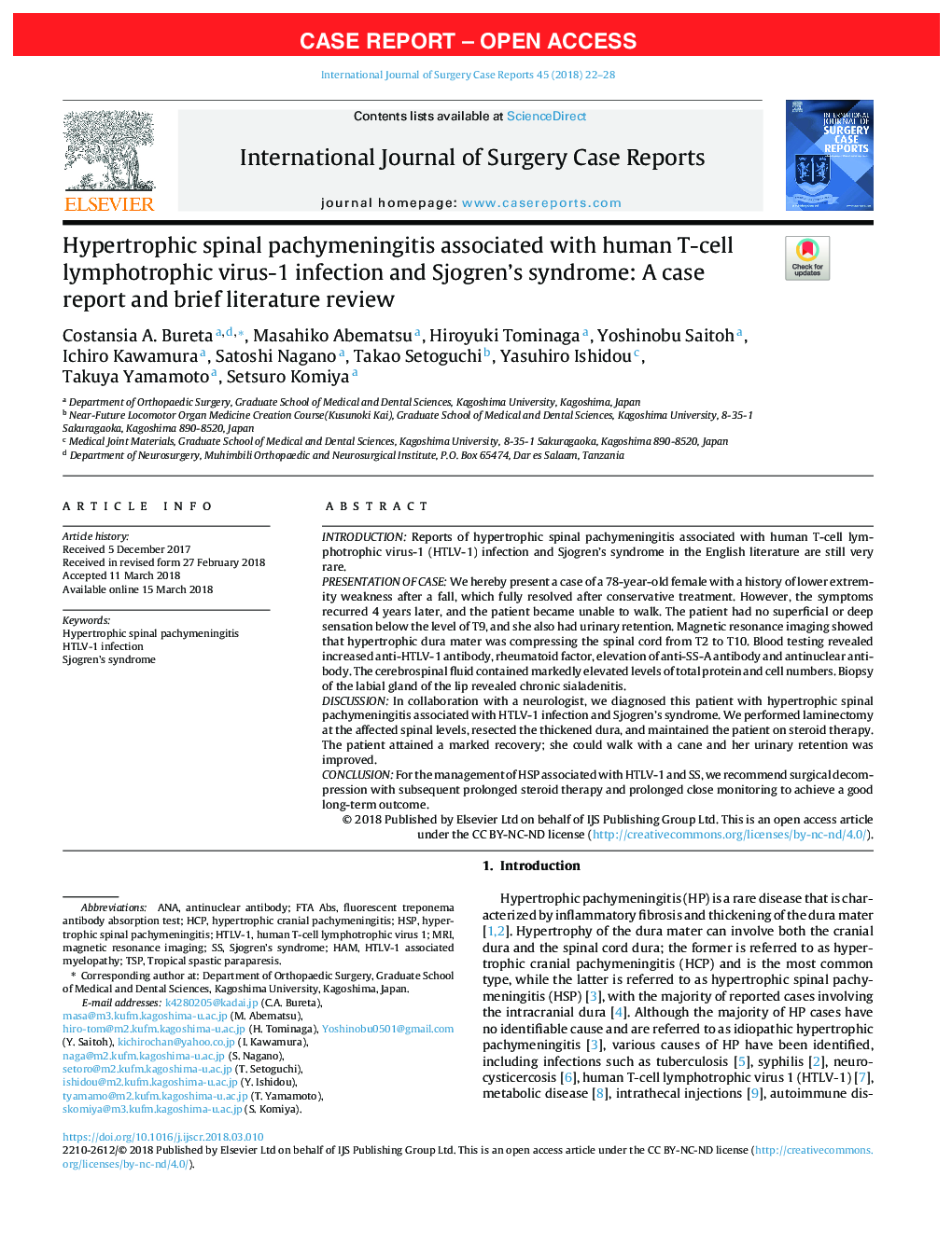 Hypertrophic spinal pachymeningitis associated with human T-cell lymphotrophic virus-1 infection and Sjogren's syndrome: A case report and brief literature review