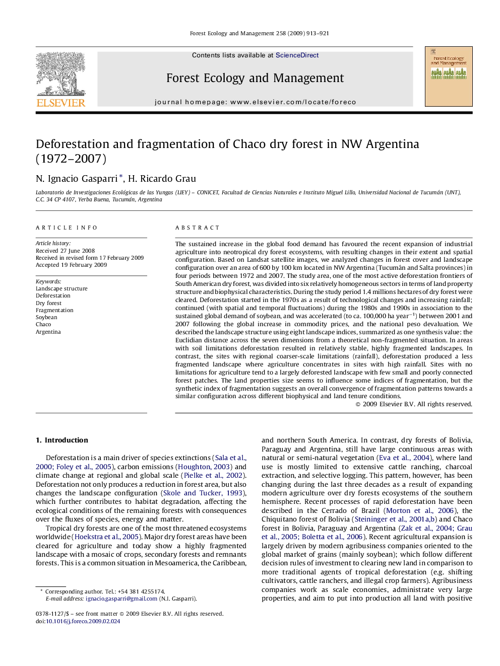 Deforestation and fragmentation of Chaco dry forest in NW Argentina (1972–2007)