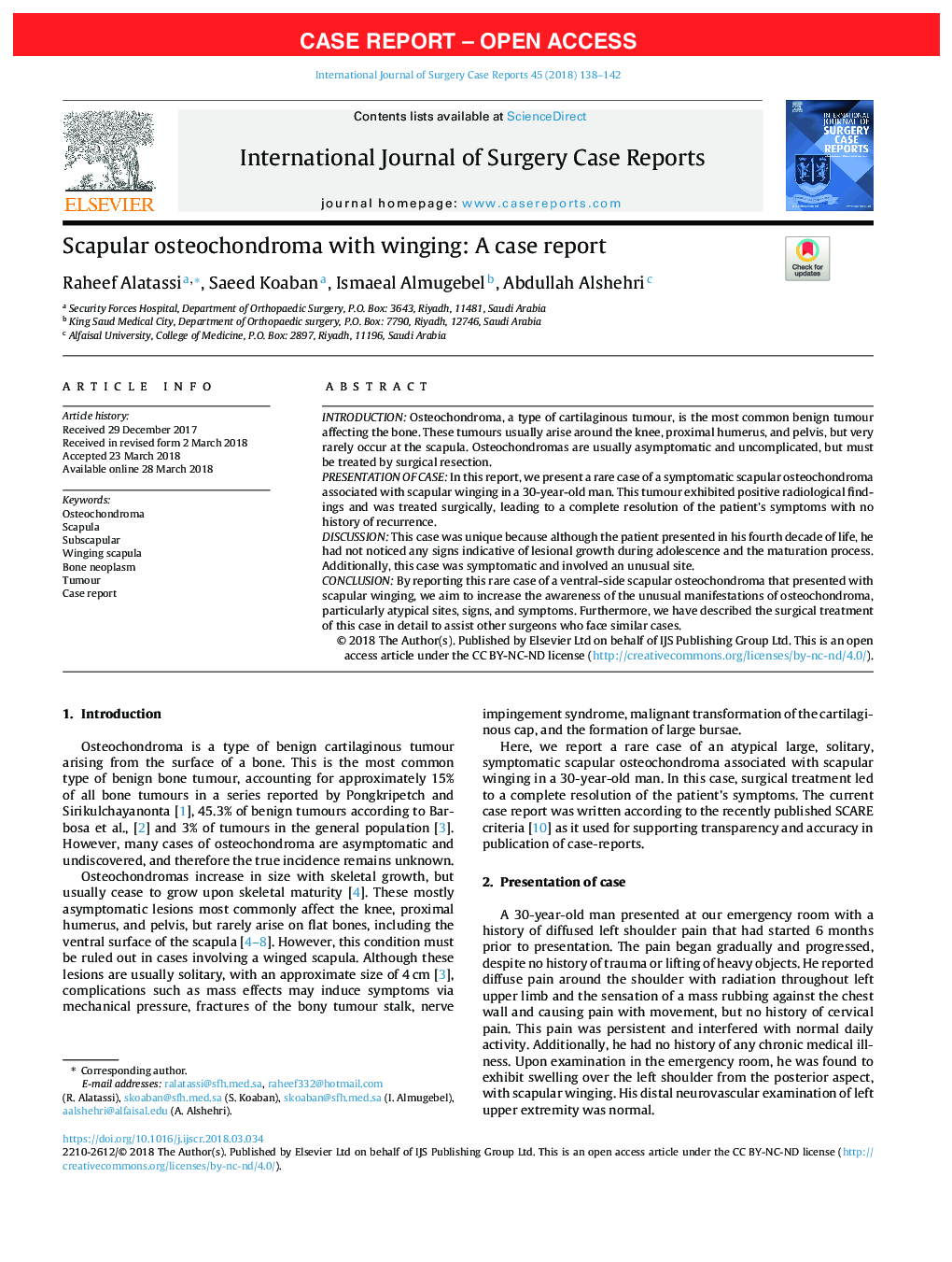 Scapular osteochondroma with winging: A case report